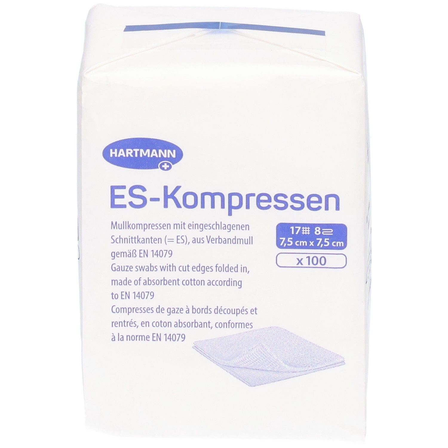 Hartmann ES-Kompressen, Mullkompressen mit eingeschlagenen Schnittkanten, 7,5 x 7,5 cm, 100 Stück.
