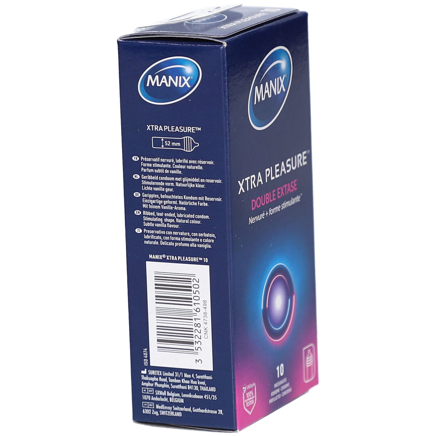 Blaue Schachtel, MANIX XTRA PLEASURE. Text und Illustrationen. 10 Kondome. Barcode und Zertifizierungen.
