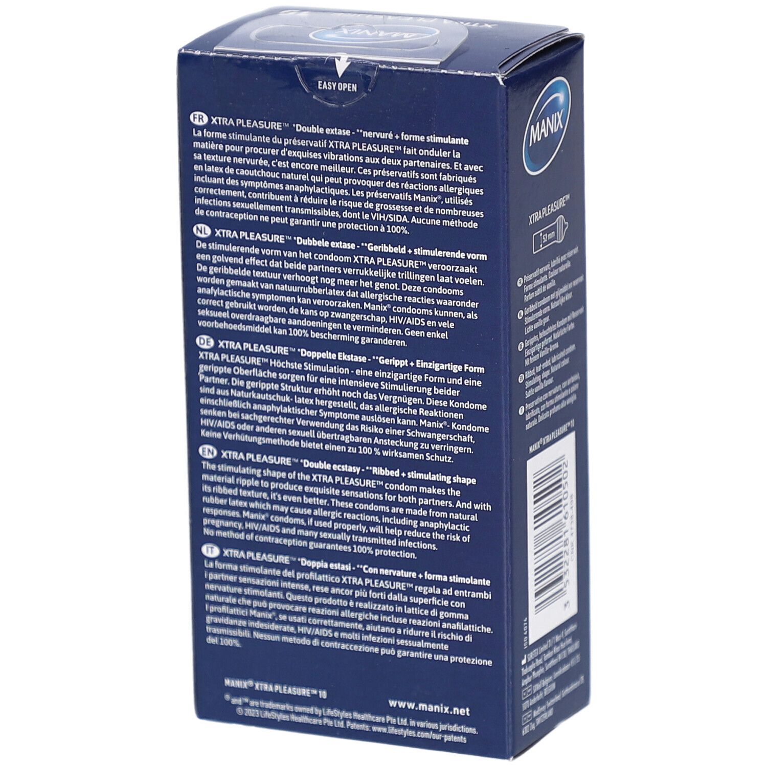 Blaue Schachtel, MANIX XTRA PLEASURE. Text in mehreren Sprachen. Illustrationen. Zertifizierungen.