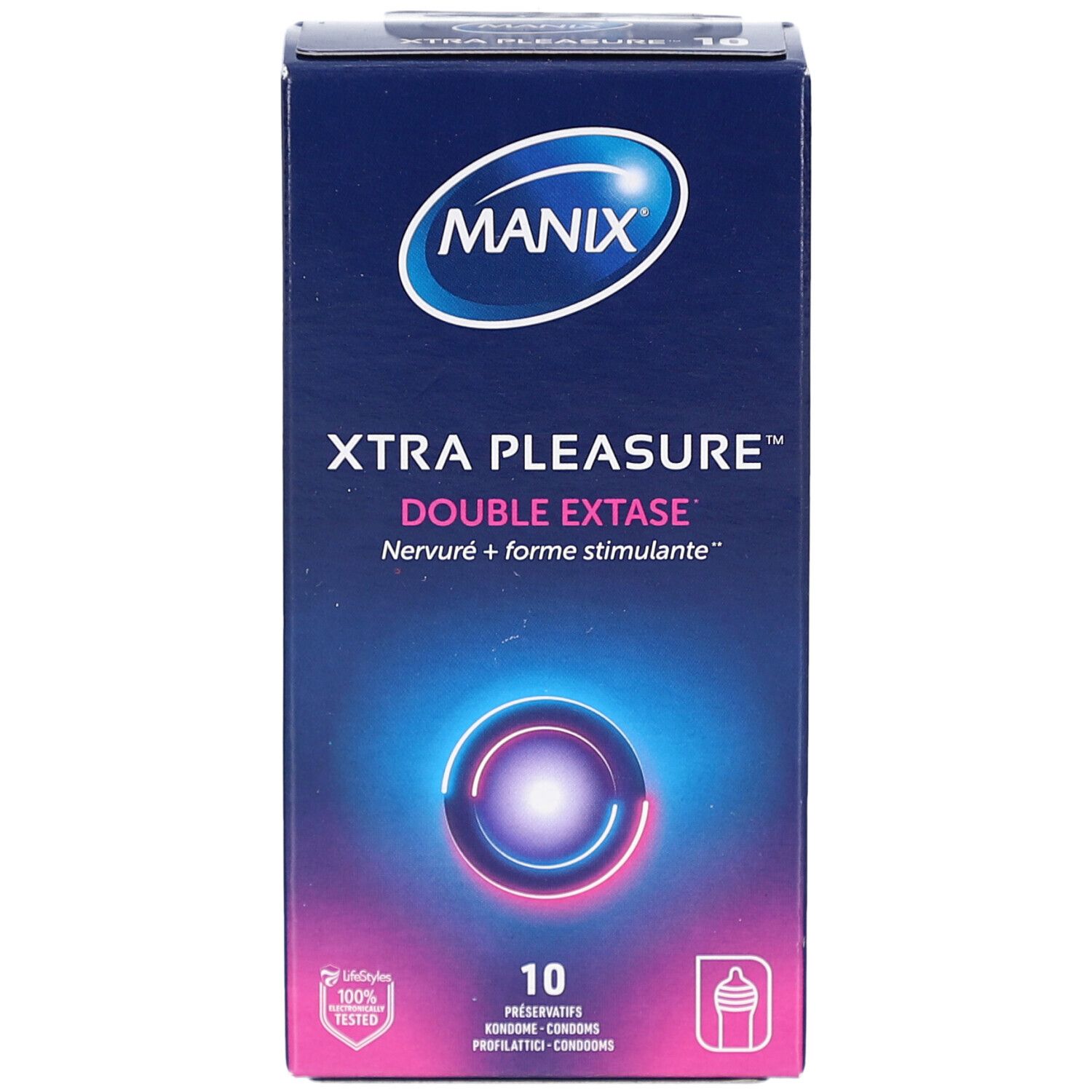 Blaue Schachtel, MANIX XTRA PLEASURE DOUBLE EXTASE. 10 Kondome. Illustration. Zertifizierung.
