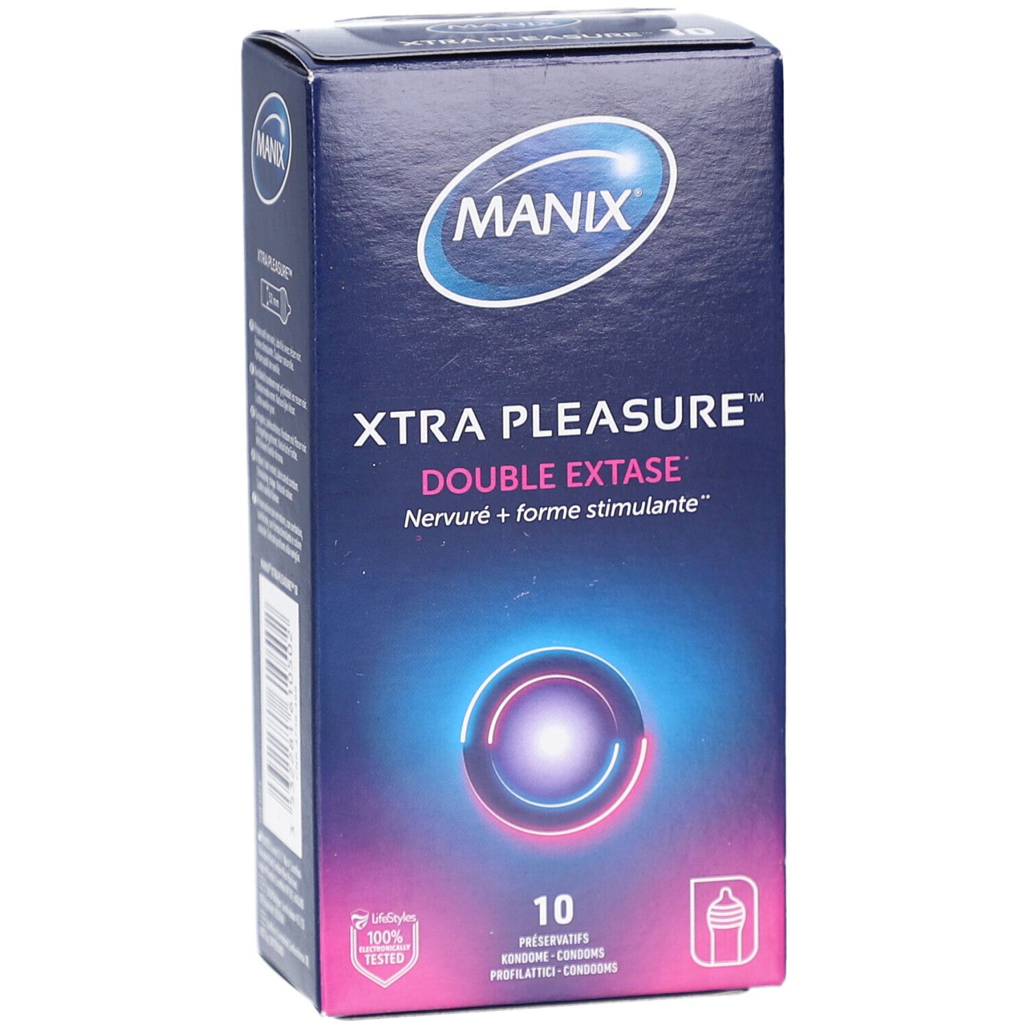 Blaue Schachtel, MANIX XTRA PLEASURE DOUBLE EXTASE. 10 Kondome. Illustration. Zertifizierung.