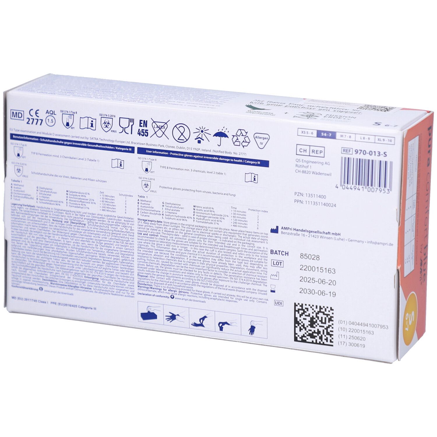 Rückseite der Verpackung von AMPri puracomfort blue Nitrilhandschuhen. Informationen, Symbole, Chargennummer, Haltbarkeitsdaten.