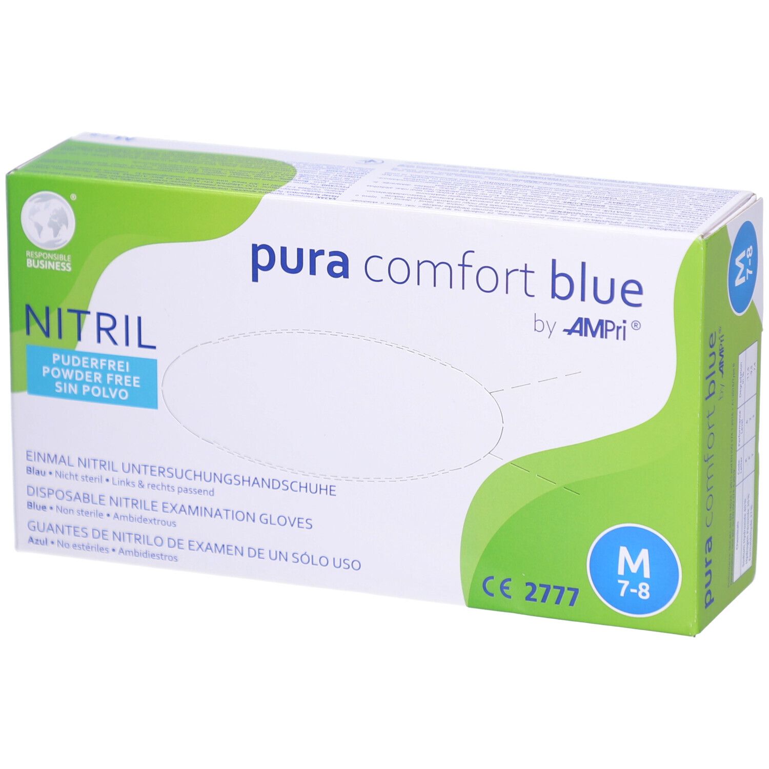 Blaues Handschuh-Pack. "pura comfort blue" und "NITRIL" Schriftzug. Größe M, puderfrei. CE-Kennzeichnung.