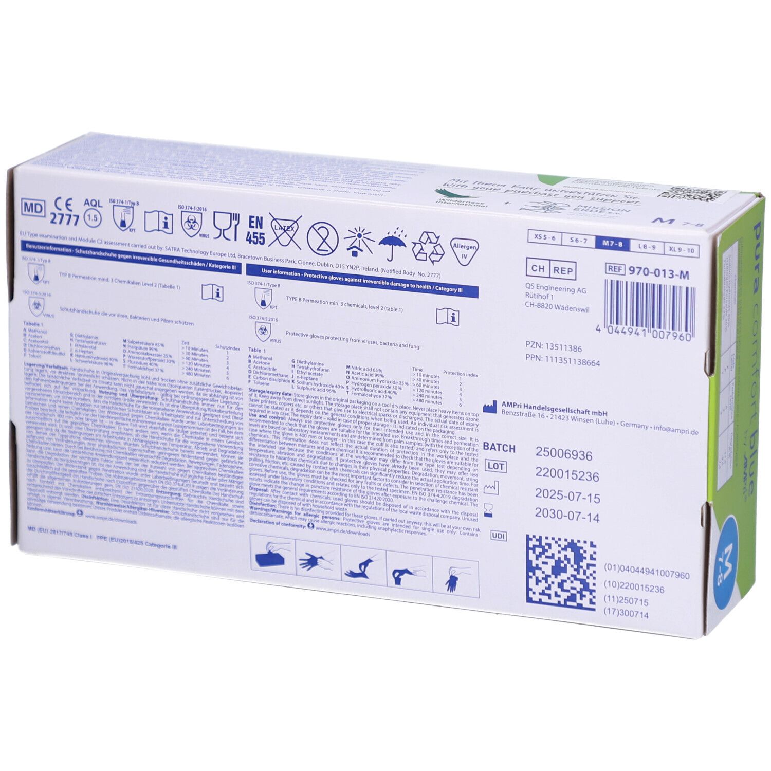 Rückseite der Handschuh-Packung. Text mit Informationen, Chargennummer, Haltbarkeitsdatum und CE-Kennzeichnung.