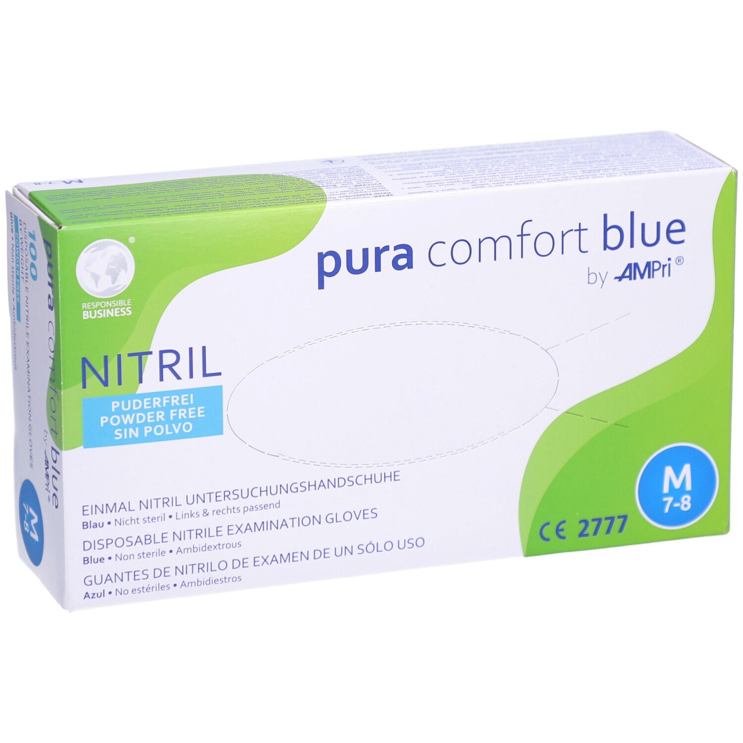 Handschuh-Packung. "pura comfort blue" und "NITRIL" Schriftzug. Größe M. Puderfrei. CE-Kennzeichnung.
