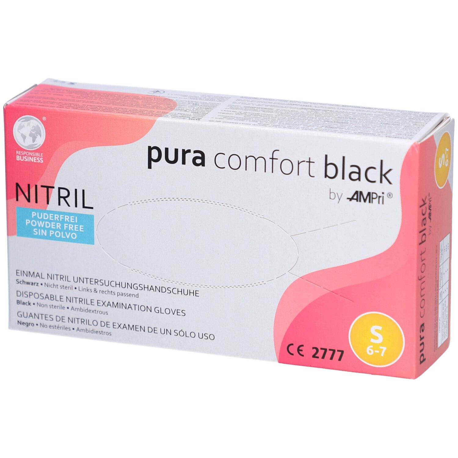 Schwarze Nitril-Untersuchungshandschuhe in einer Schachtel. Puderfrei, Größe S, CE-Kennzeichnung. Marke: PURACOMFORT BLACK by AMPri.