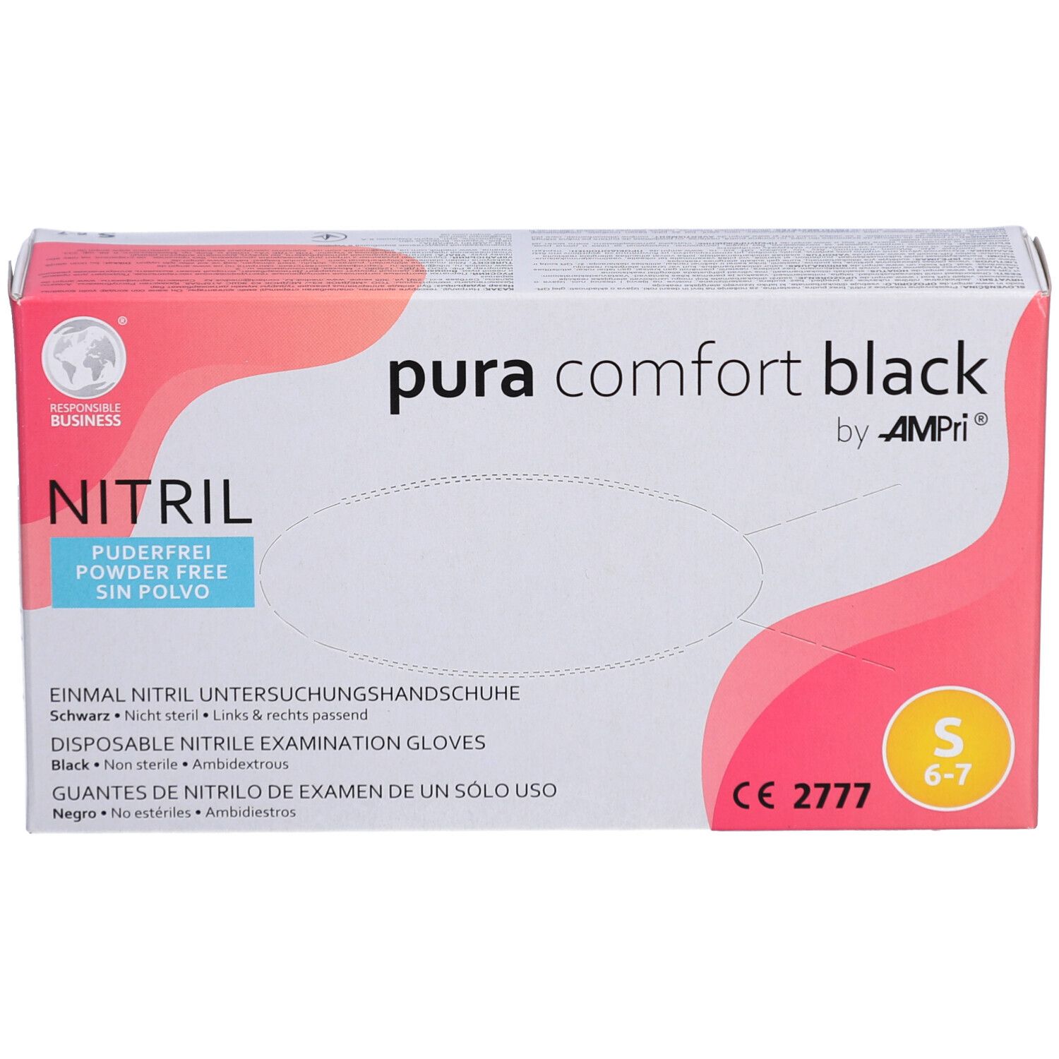 Karton mit schwarzen Nitril-Untersuchungshandschuhen. Größe S, puderfrei. Marke AMPri, Produktname: pura comfort black.