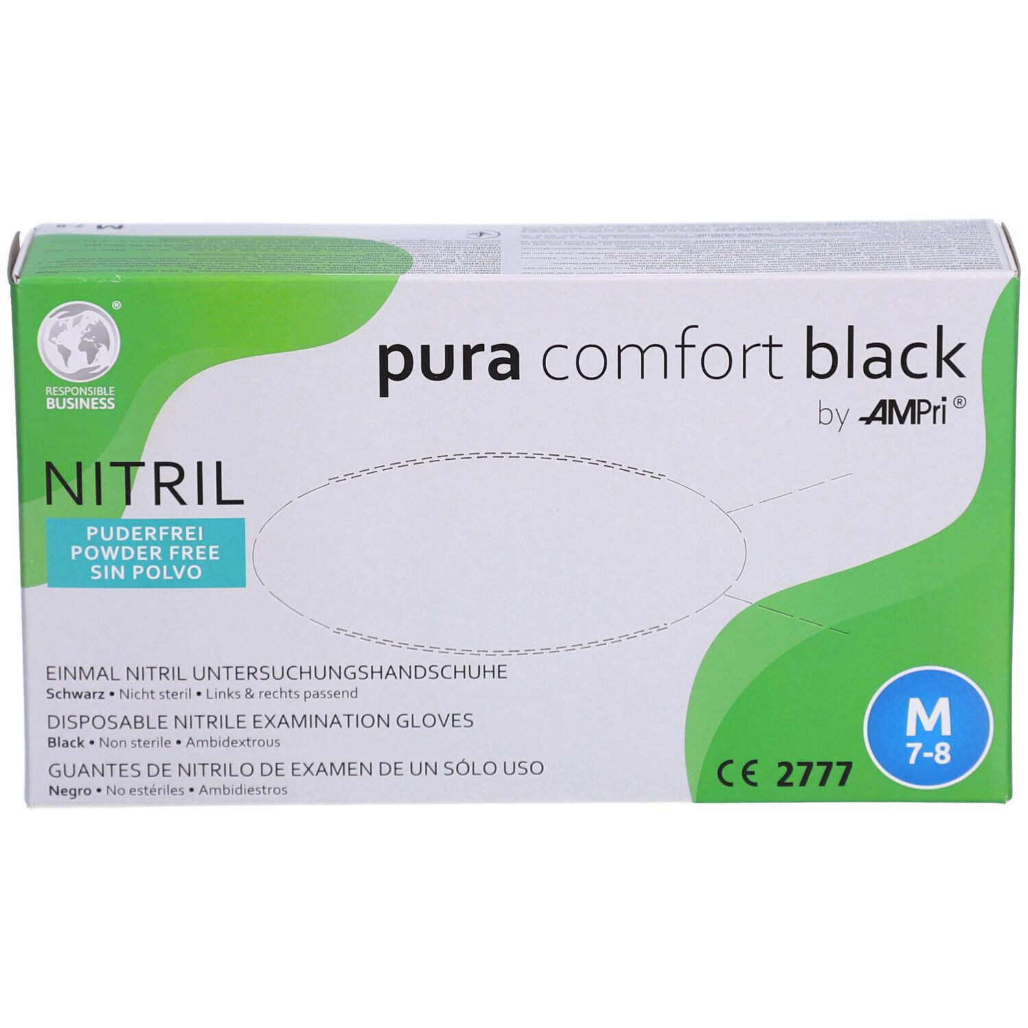 Kartonverpackung mit schwarzen Nitril-Handschuhen, puderfrei. Größe M, CE-Kennzeichnung. Marke: AMPri.