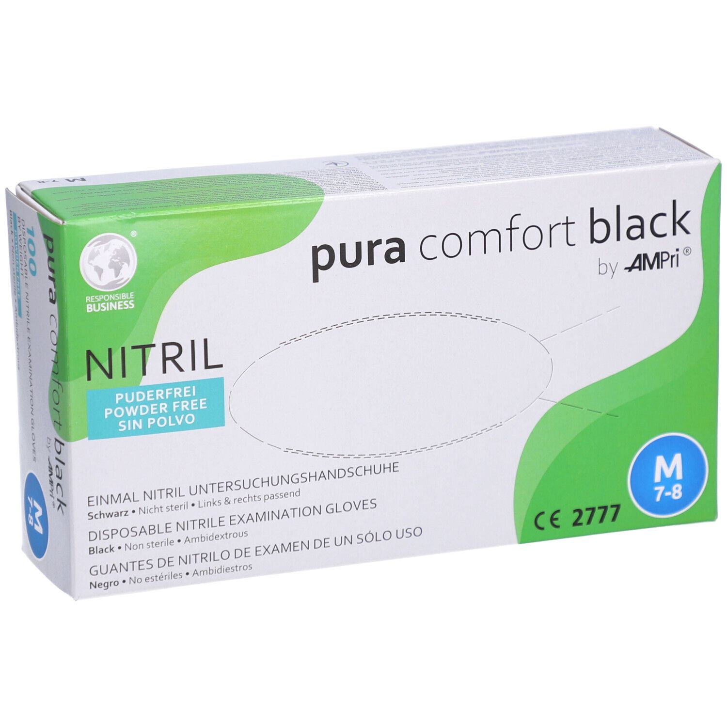 Kartonverpackung mit schwarzen Nitril-Handschuhen, puderfrei. Größe M, CE-Kennzeichnung. Marke: AMPri.