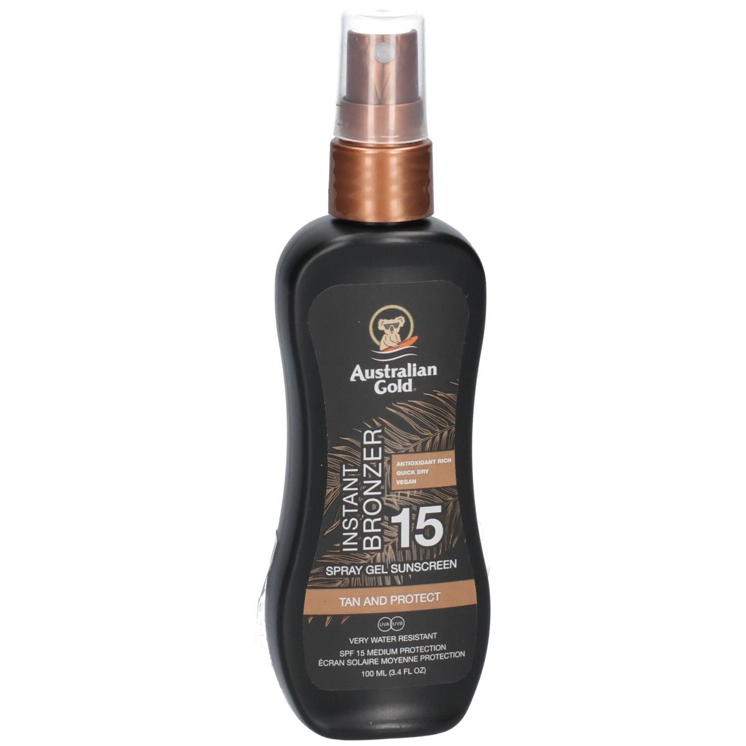 Schwarze Sprühflasche mit australischem Gold Instant Bronzer LSF 15.