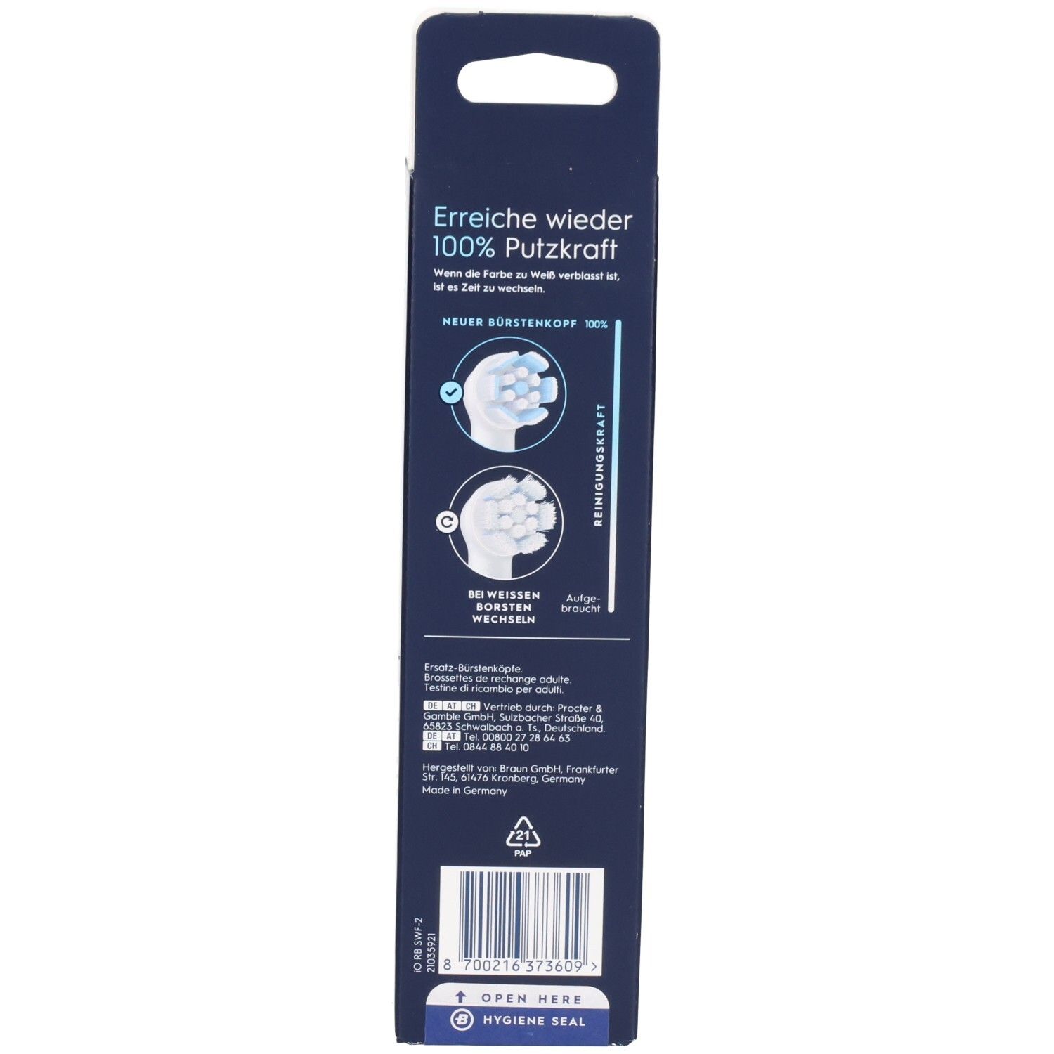 Rückseite der Verpackung. Textinformationen und Illustrationen. Hygienedichtungs-Hinweis.