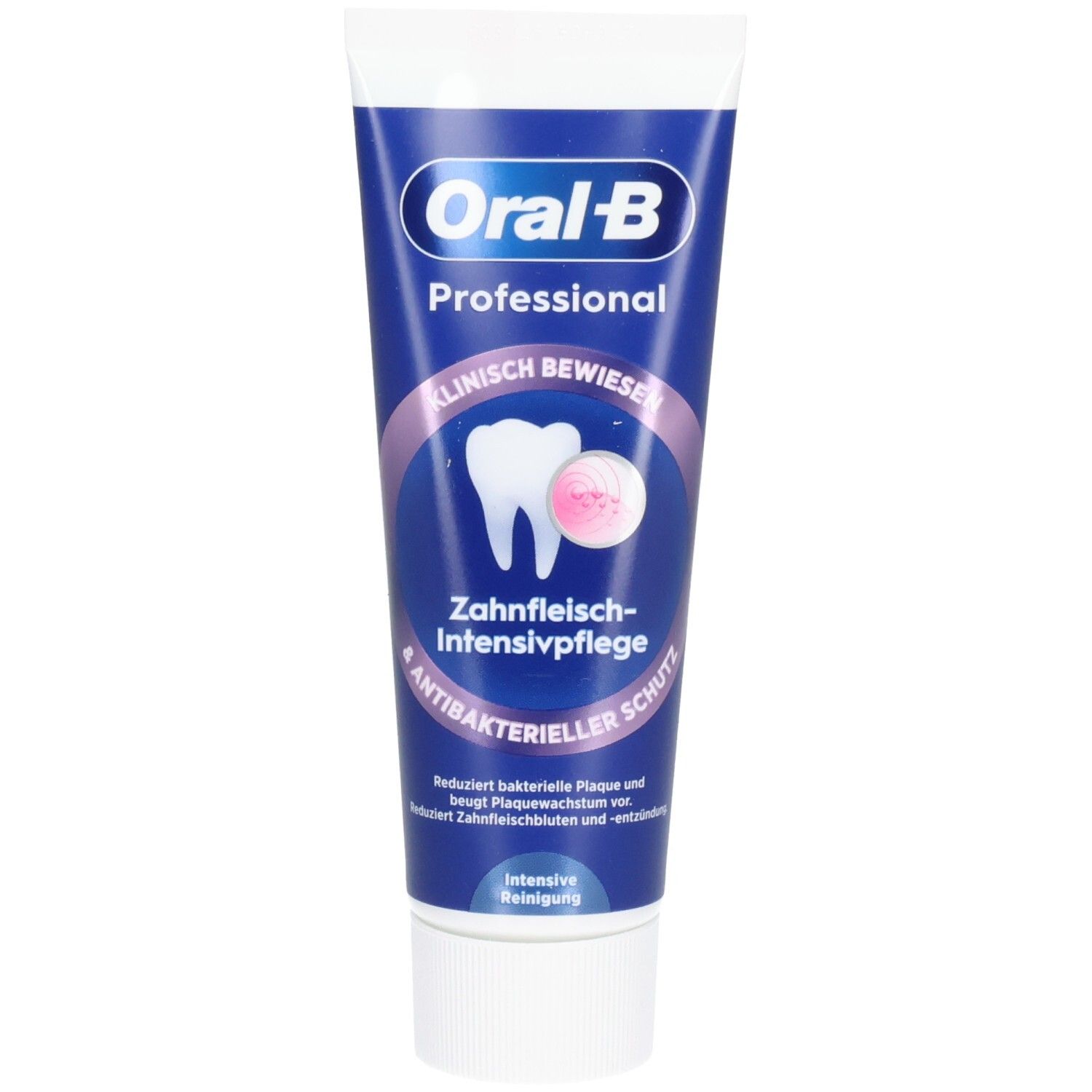 Zahncreme-Tube, blau mit weißem Deckel. Oral-B Professional, Zahnfleisch-Intensivpflege. Klinisch bewiesen. Antibakterieller Schutz.
