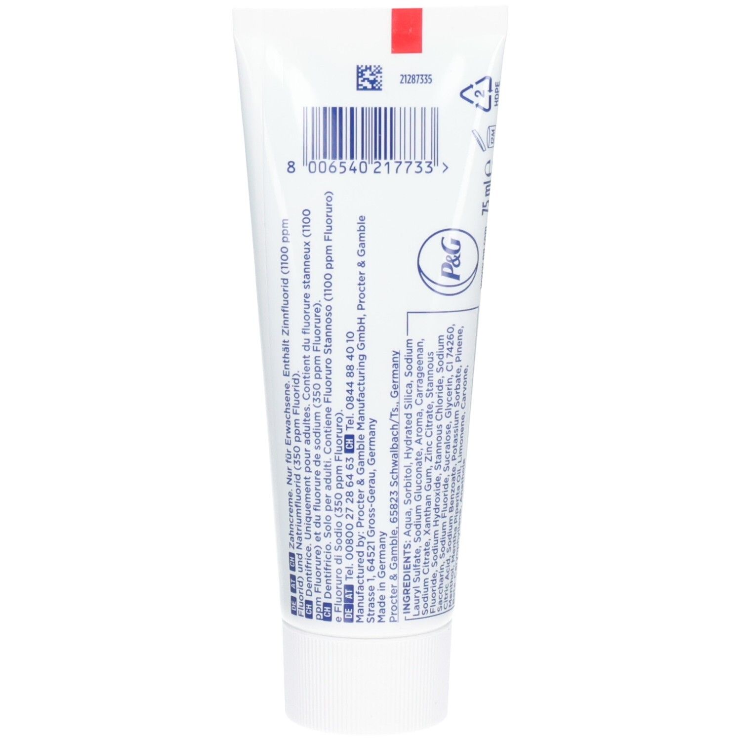 Rückseite der Zahncreme-Tube. Enthält Zinnfluorid und Natriumfluorid. Inhaltsstoffe und Herstellerinformationen sind angegeben.