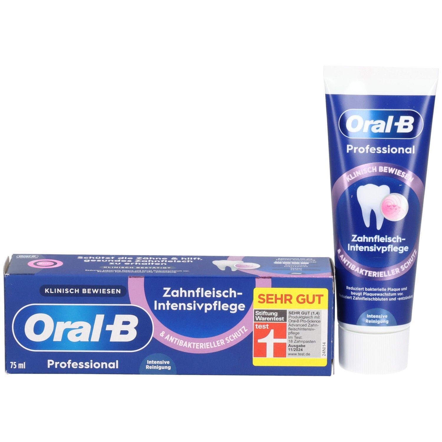 Zahncreme-Tube und Schachtel. Oral-B Professional, Zahnfleisch-Intensivpflege. Klinisch bewiesen. Sehr gut getestet.