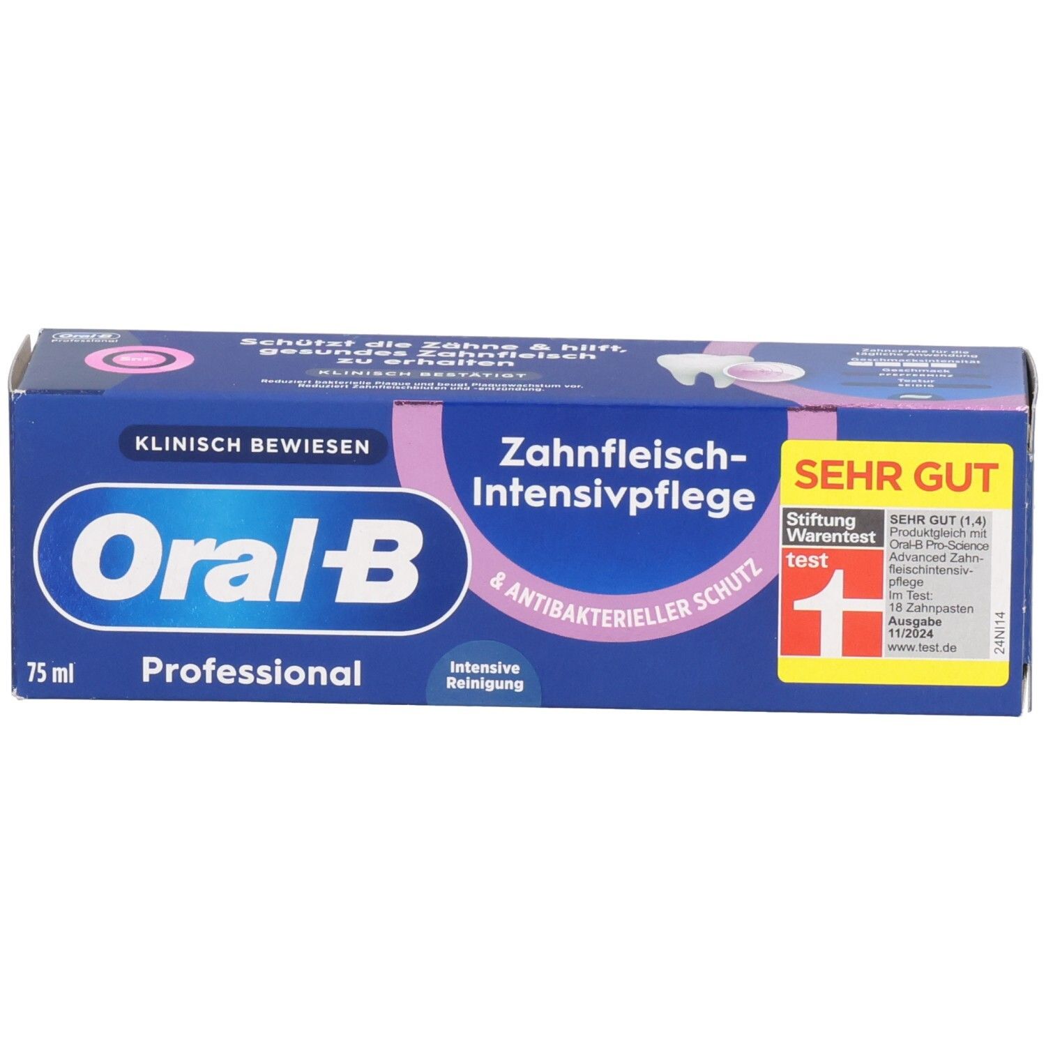 Blauwe Schachtel. Oral-B Professional, Zahnfleisch-Intensivpflege. Klinisch bewiesen. Sehr gut getestet. 75 ml.
