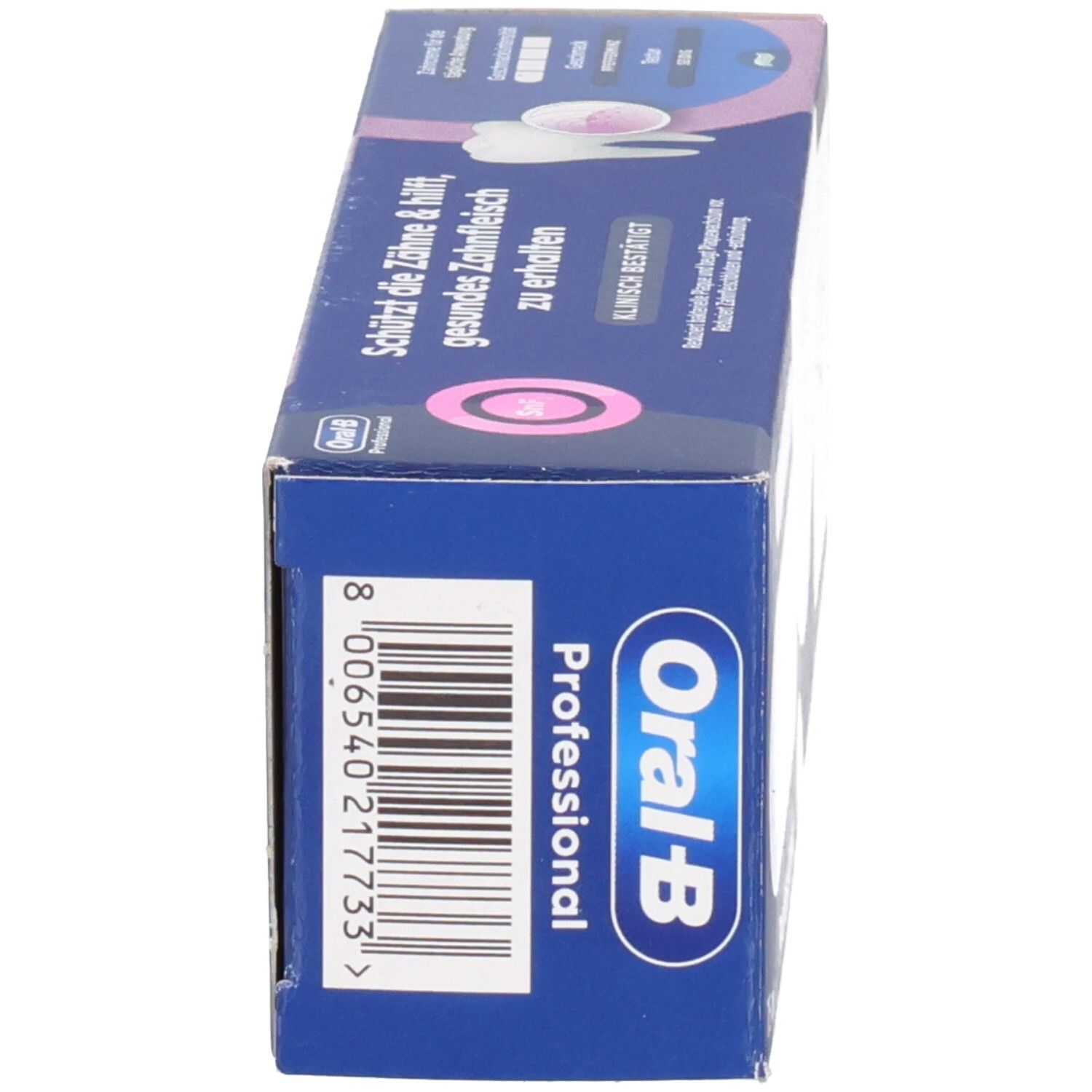 Schachtel, blau. Oral-B Professional. Zahnfleisch-Intensivpflege. Barcode und Herstellerinformationen auf der Seite.