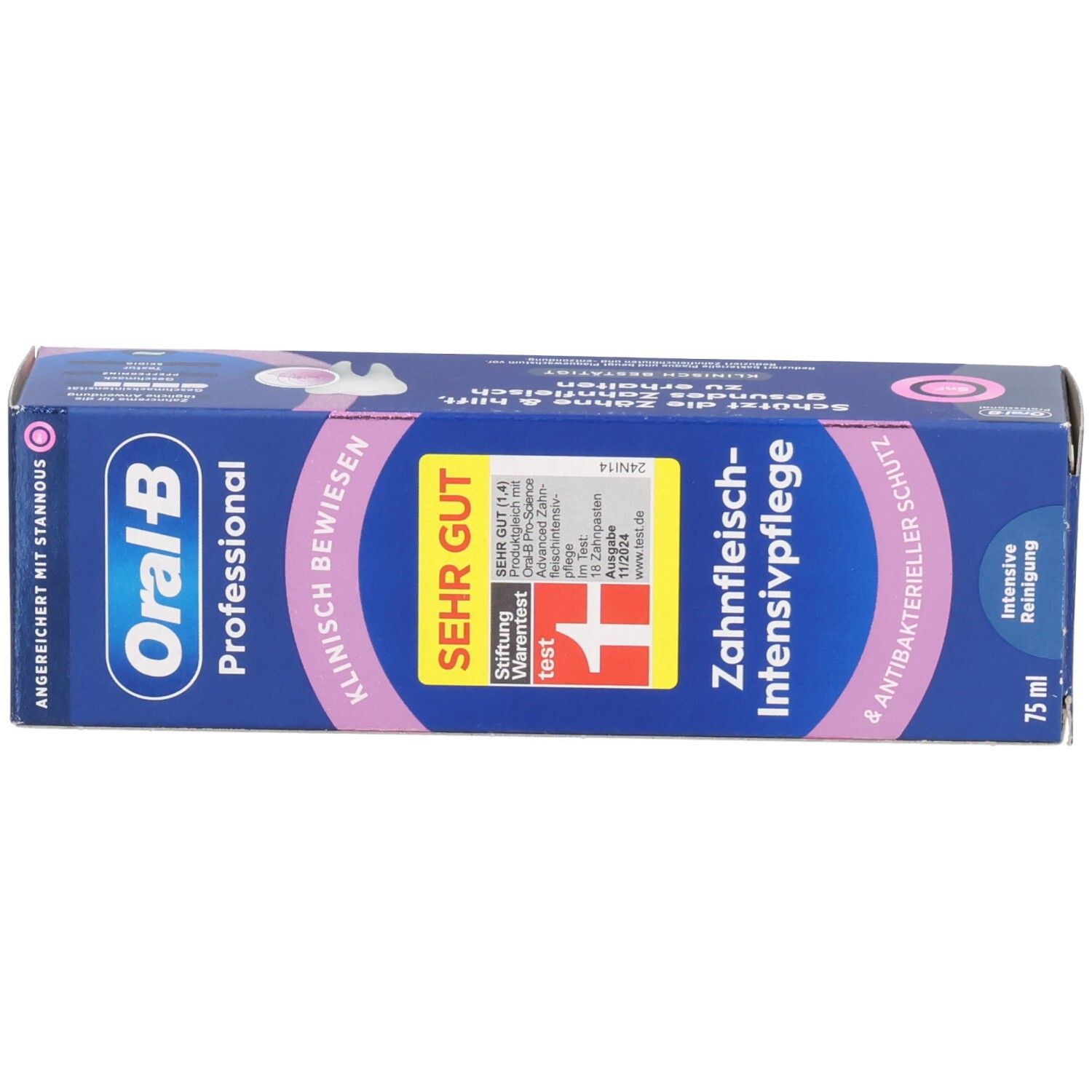 Schachtel, blau. Oral-B Professional, Zahnfleisch-Intensivpflege. Klinisch bewiesen. Sehr gut getestet. 75 ml.