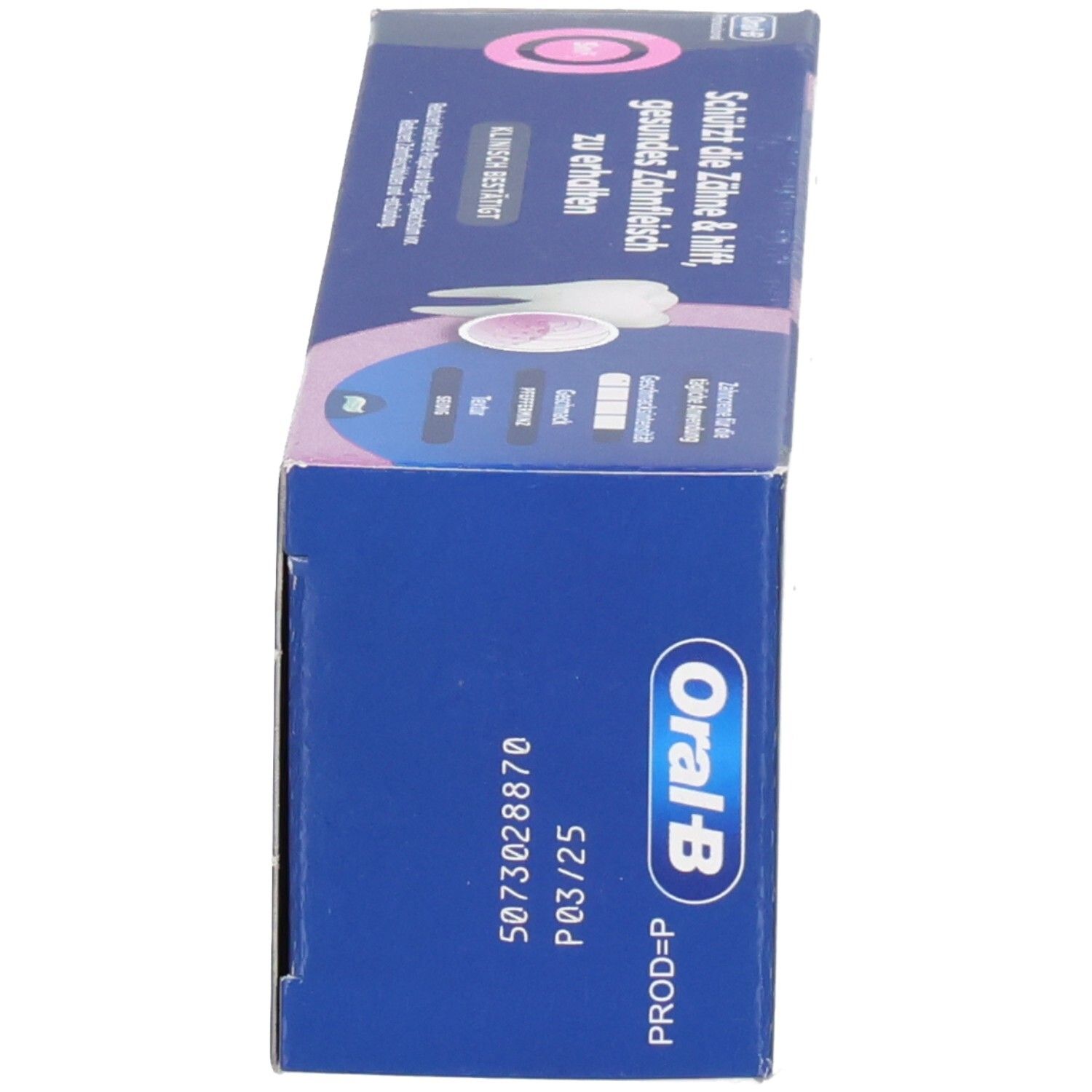 Schachtel, blau. Oral-B Professional. Zahnfleisch-Intensivpflege. Herstellerinformationen und Chargennummer.