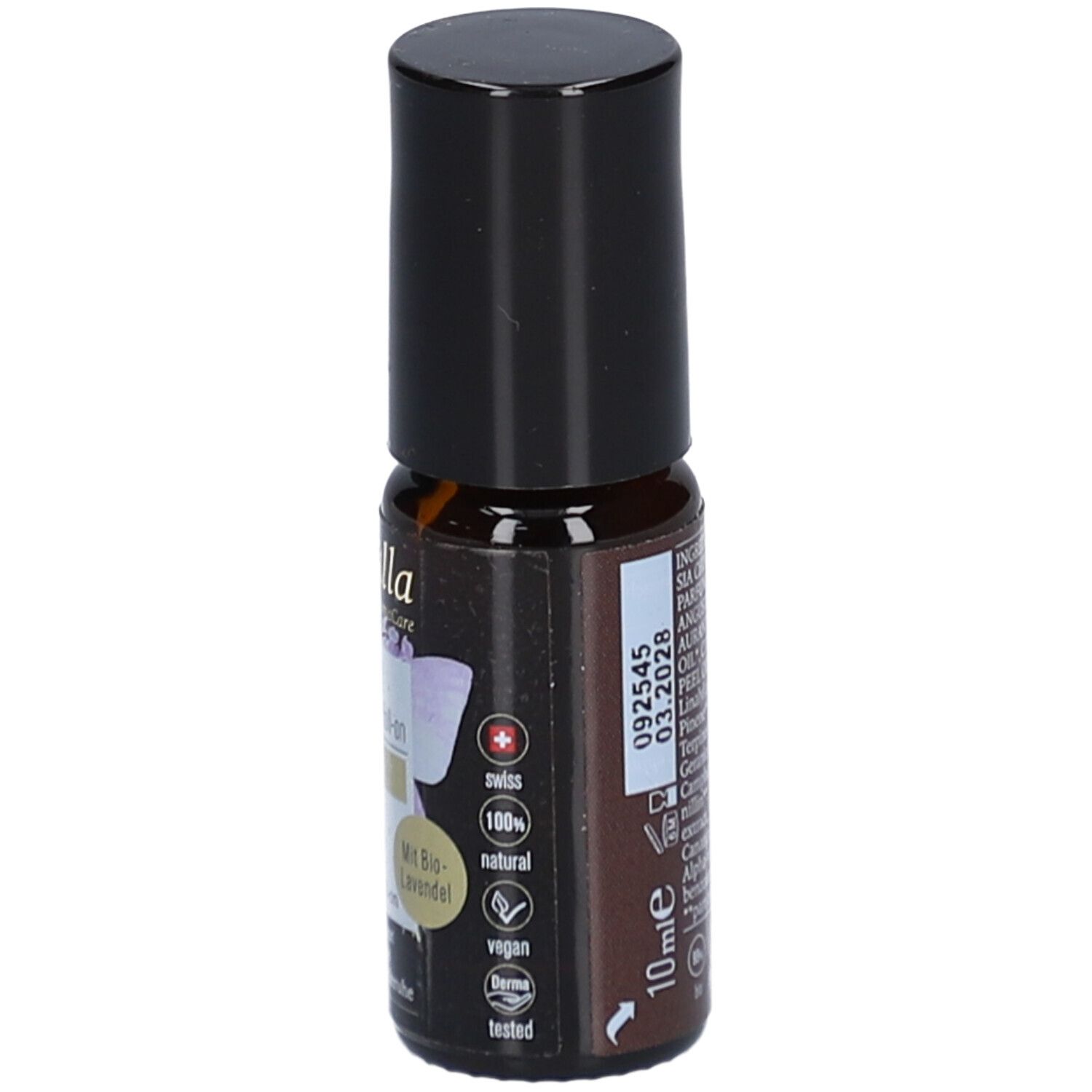 Braune Glasflasche mit schwarzem Deckel. Etikett mit Produktinformationen und Qualitätssiegeln. 10ml.