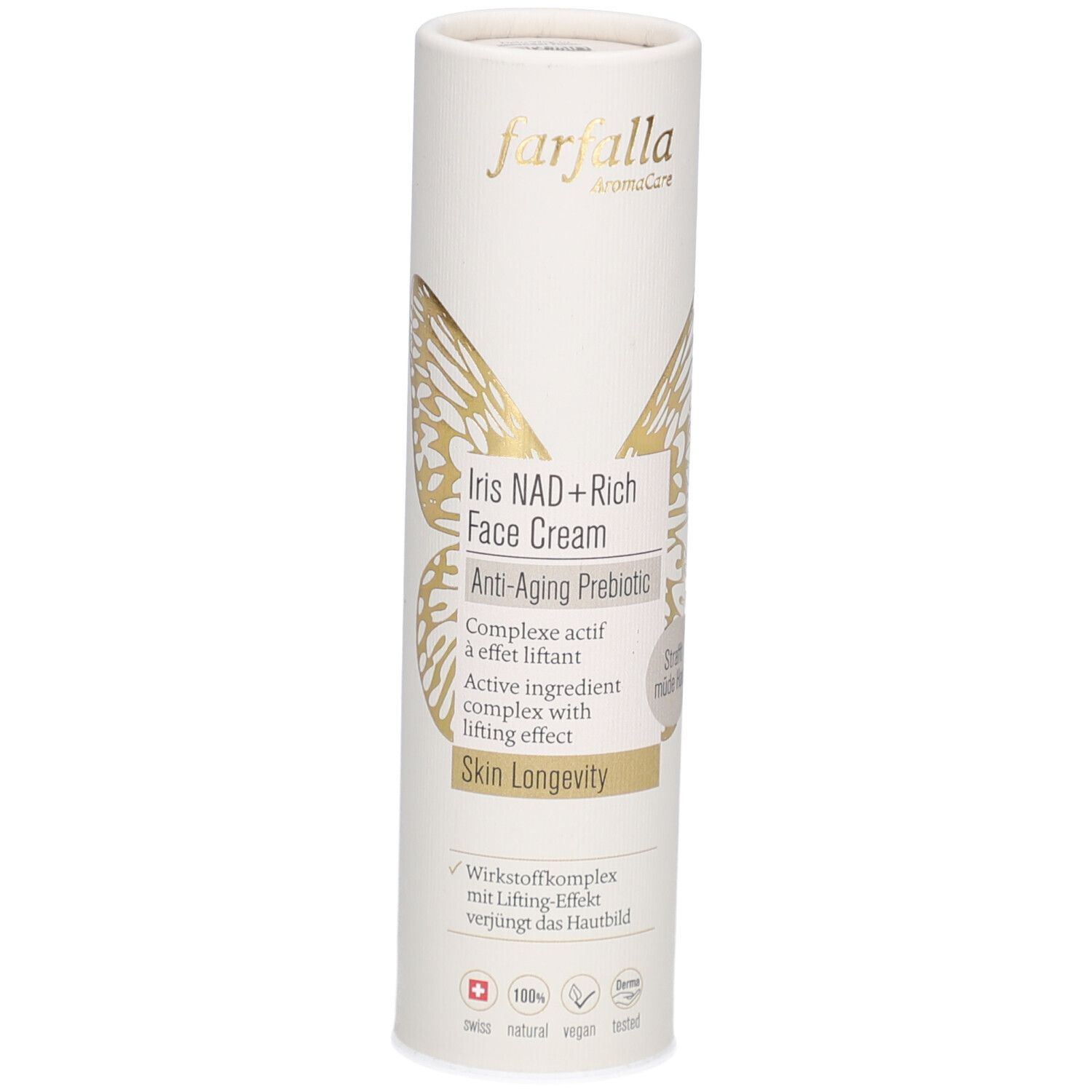 Zylindrische Verpackung mit Produktnamen und Logo. Text: Iris NAD+ Rich Face Cream, Anti-Aging Prebiotic. Goldene Schmetterlingsgrafik.