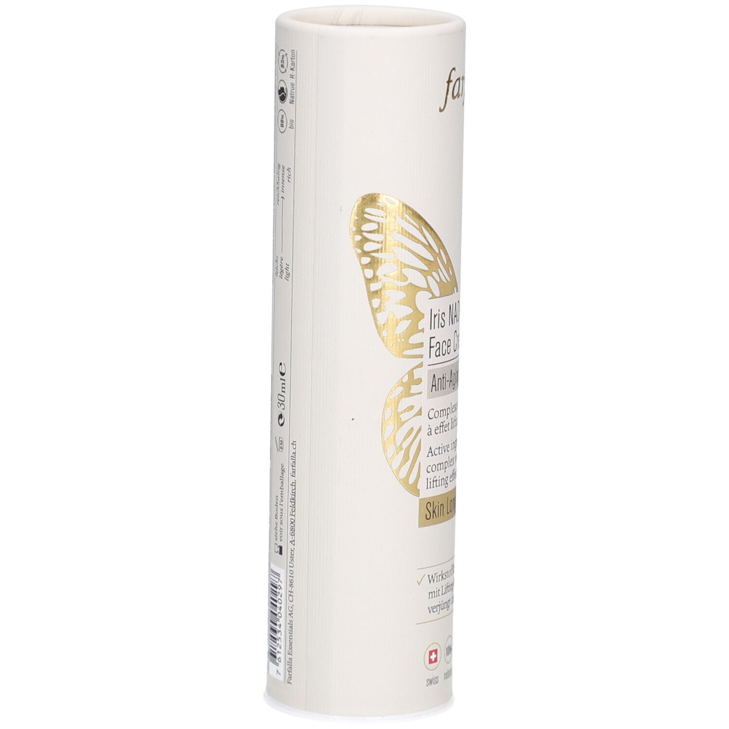 Zylindrische Verpackung, Seitenansicht. Text und Logo sichtbar. Goldene Schmetterlingsgrafik. Angaben zu Inhaltsstoffen und Hersteller.