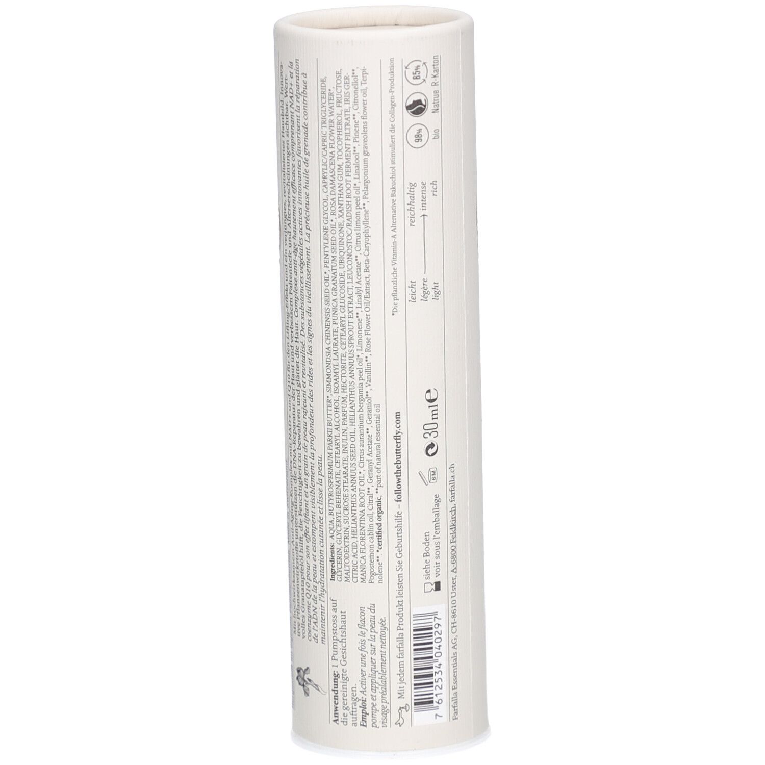 Zylindrische Verpackung, Rückseite. Text mit Inhaltsstoffen und Herstellerinformationen. Kleineres Logo unten.