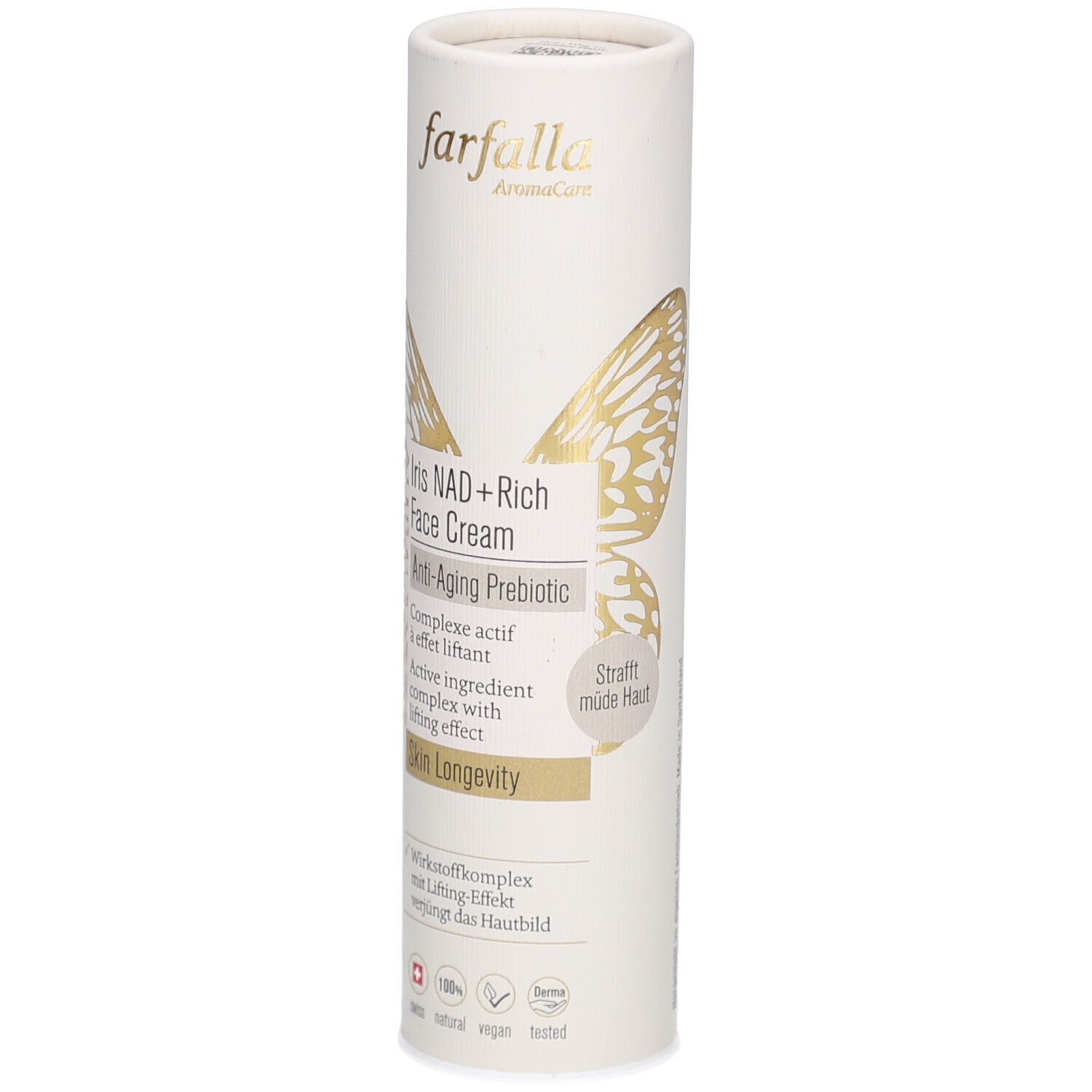 Zylindrische Verpackung mit Produktnamen und Logo. Text: Iris NAD+ Rich Face Cream, Anti-Aging Prebiotic. Goldene Schmetterlingsgrafik.