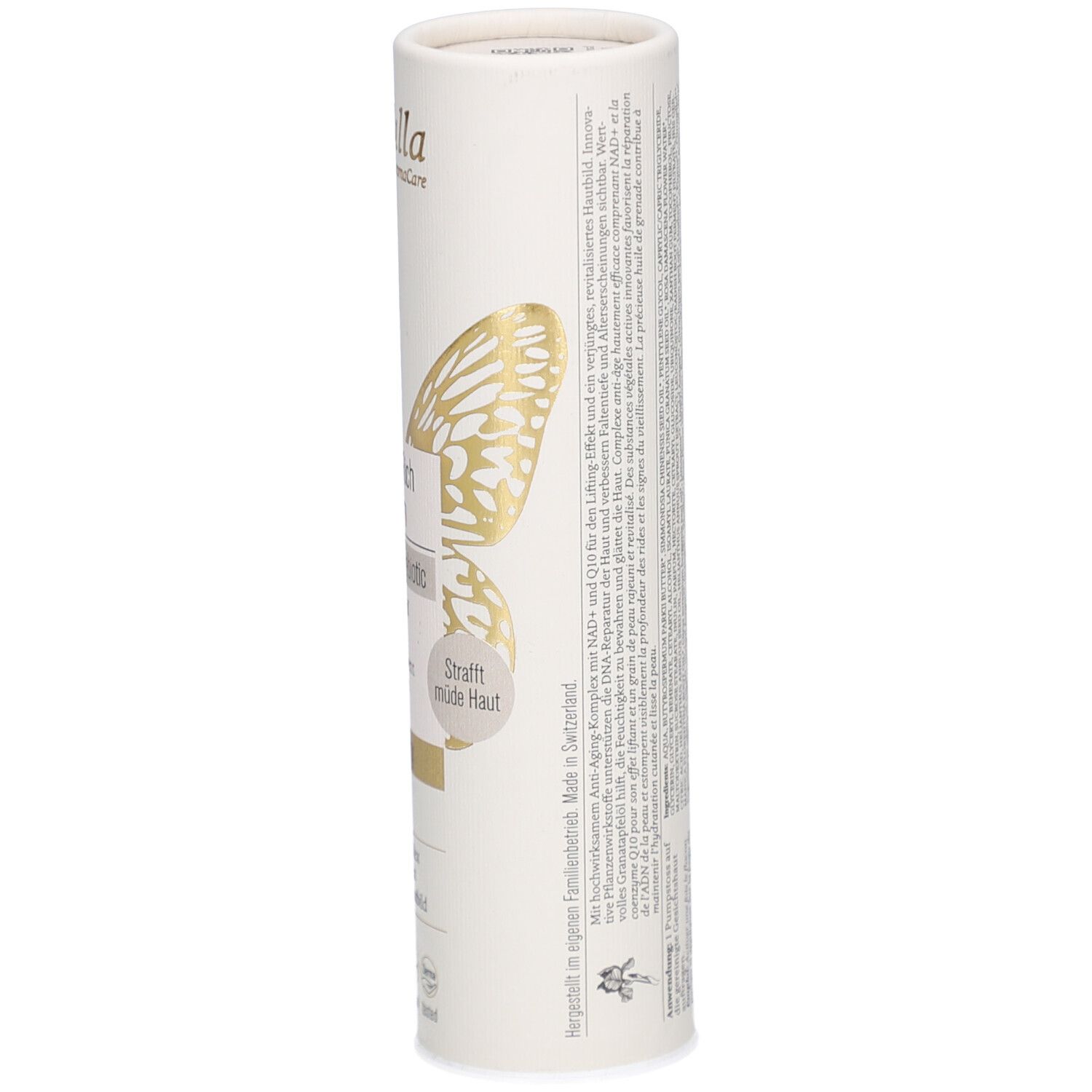 Zylindrische Verpackung, Seitenansicht. Text und Logo sichtbar. Goldene Schmetterlingsgrafik. Angaben zu Inhaltsstoffen und Hersteller.