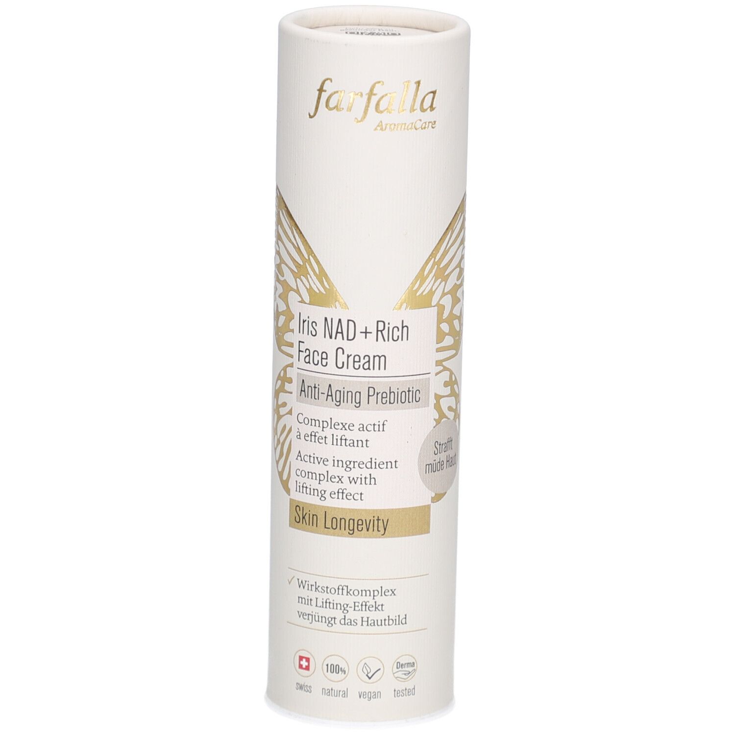 Zylindrische Verpackung mit Produktnamen und Logo. Text: Iris NAD+ Rich Face Cream, Anti-Aging Prebiotic. Goldene Schmetterlingsgrafik.