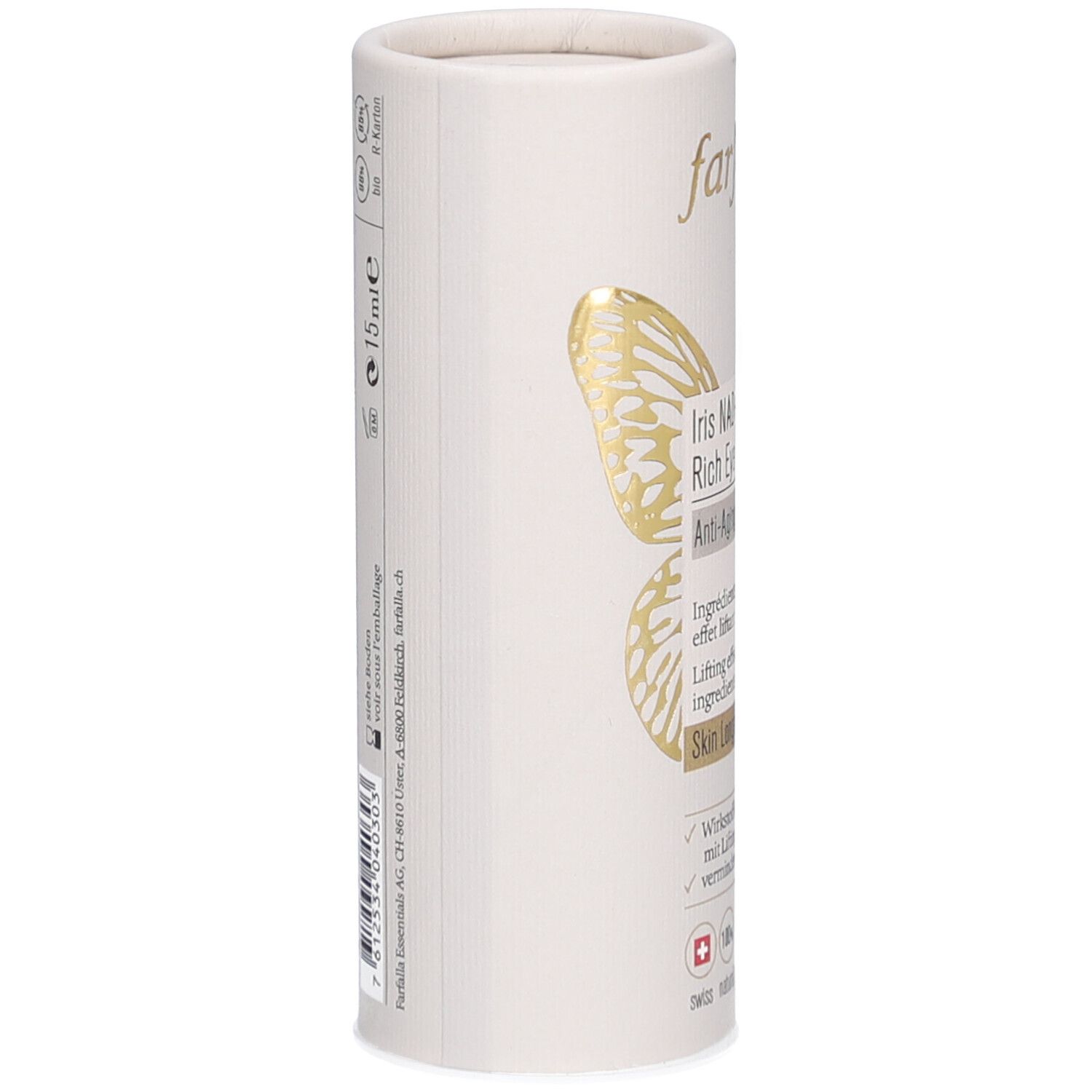 Zylindrische Verpackung, Seitenansicht. Marke Farfalla. Goldener Schmetterling. Produktname: Iris NAD+ Ultra Rich Eye Cream. Text: 15 ml.