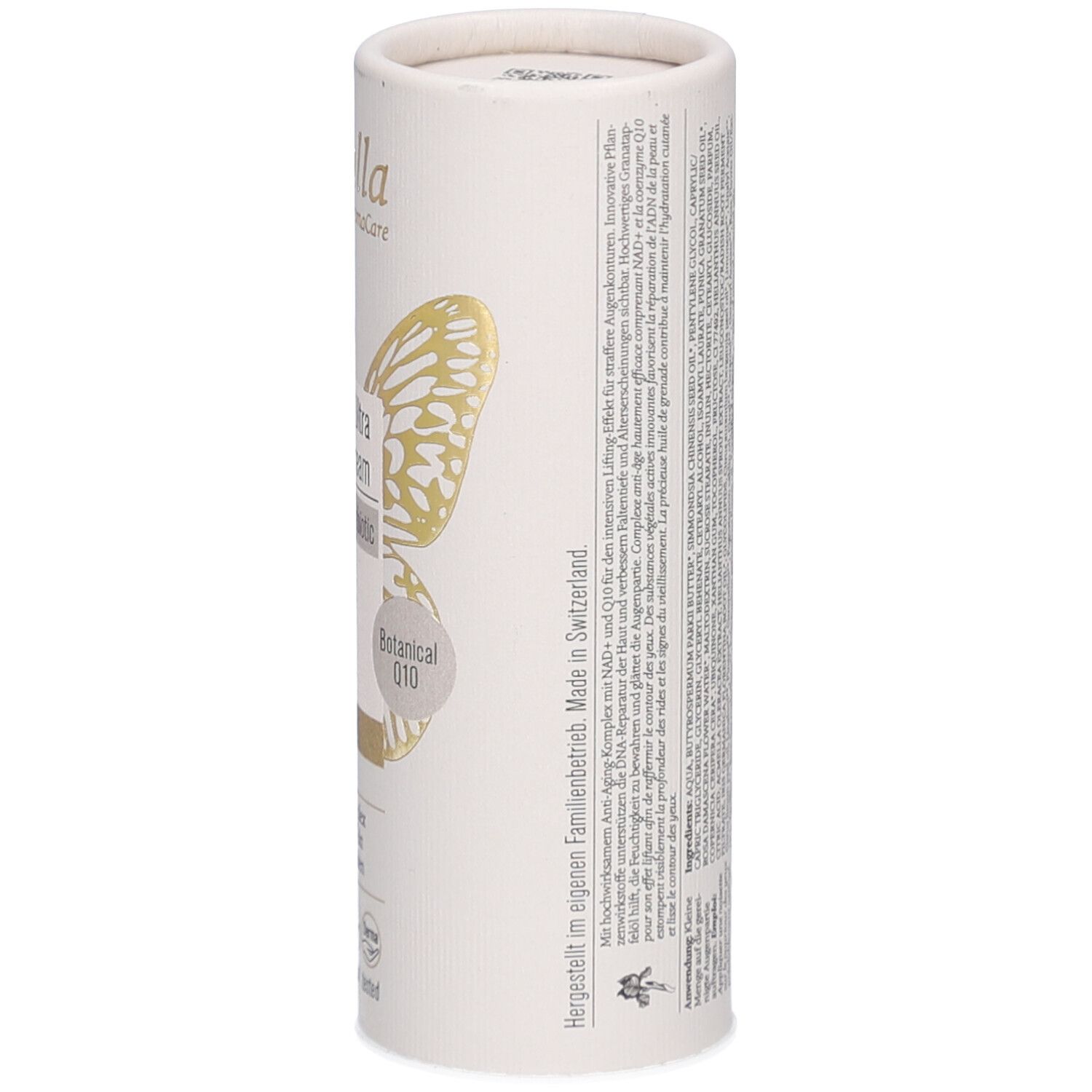 Zylindrische Verpackung, schräg. Marke Farfalla. Goldener Schmetterling. Produktname: Iris NAD+ Ultra Rich Eye Cream. Text: Botanical Q10, Made in Switzerland.