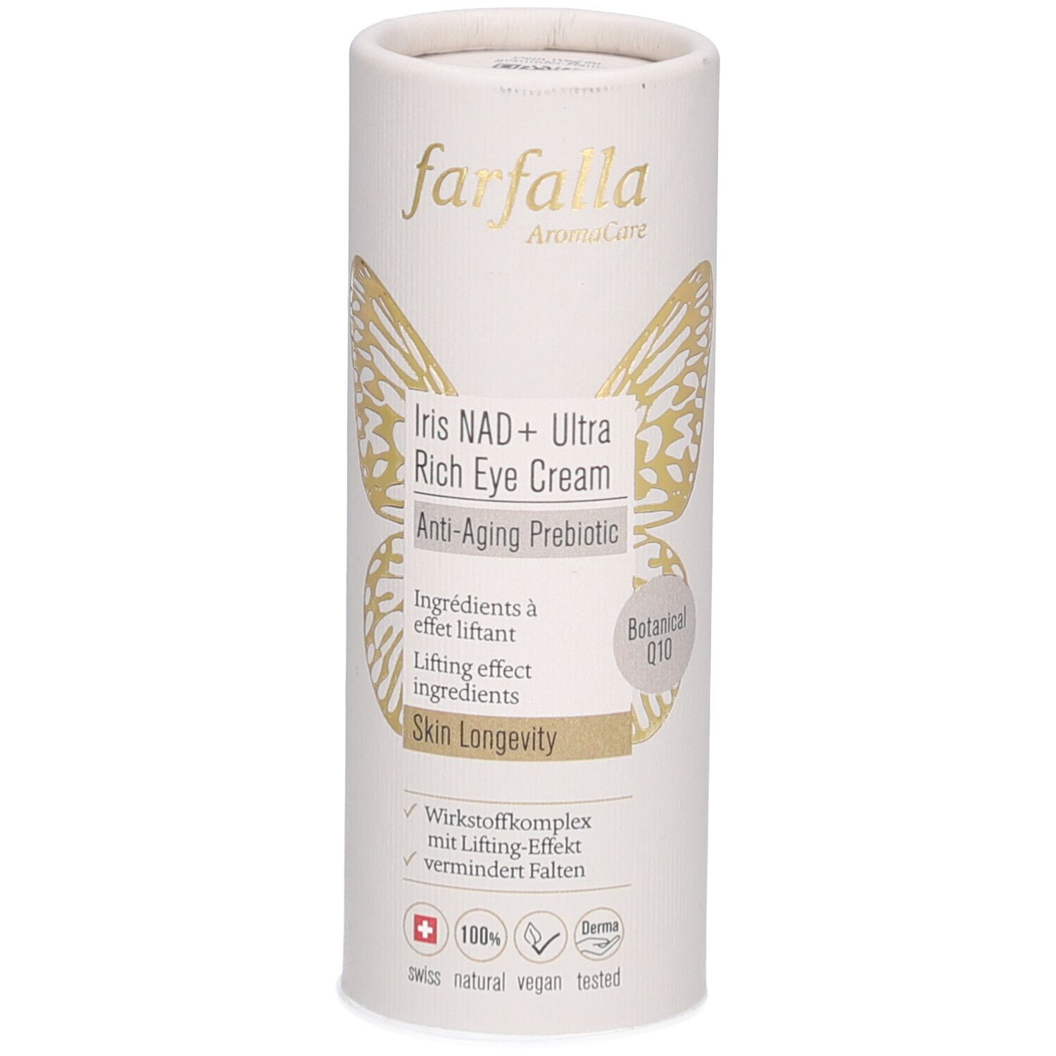 Zylindrische Verpackung. Marke Farfalla. Goldener Schmetterling. Produktname: Iris NAD+ Ultra Rich Eye Cream. Text: Anti-Aging Prebiotic, Skin Longevity.