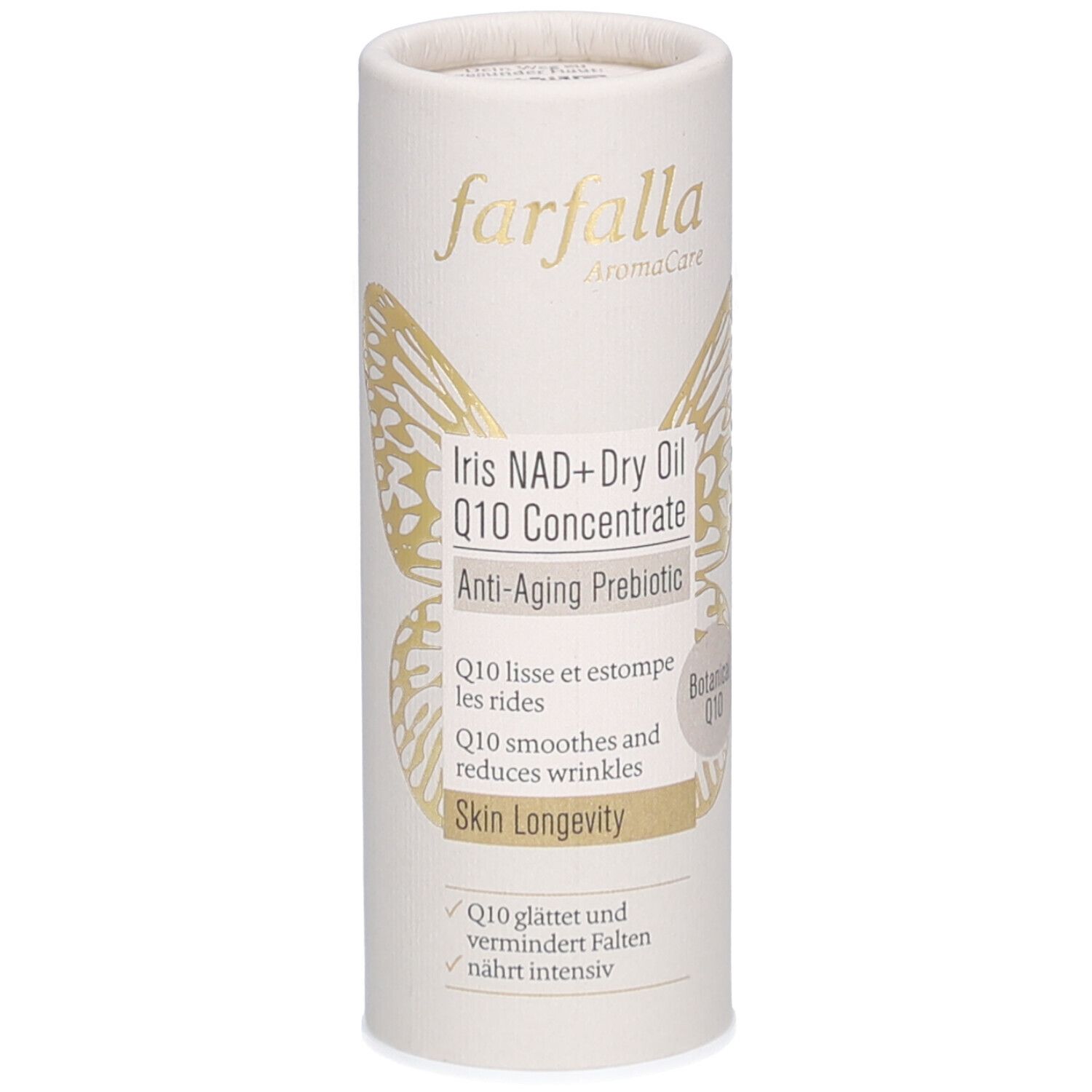 Zylindrische Verpackung mit Produktnamen und Logo. Goldener Schmetterling-Dekor. Text: Iris NAD+ Dry Oil Q10 Concentrate.