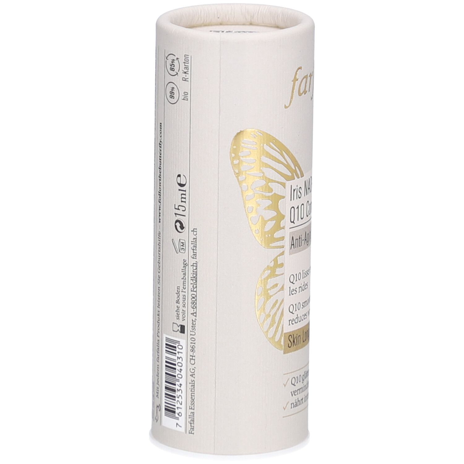 Zylindrische Verpackung, Seitenansicht. Text: 15ml, Barcode, Herstellerinformationen. Logo: Farfalla Essentials AG.