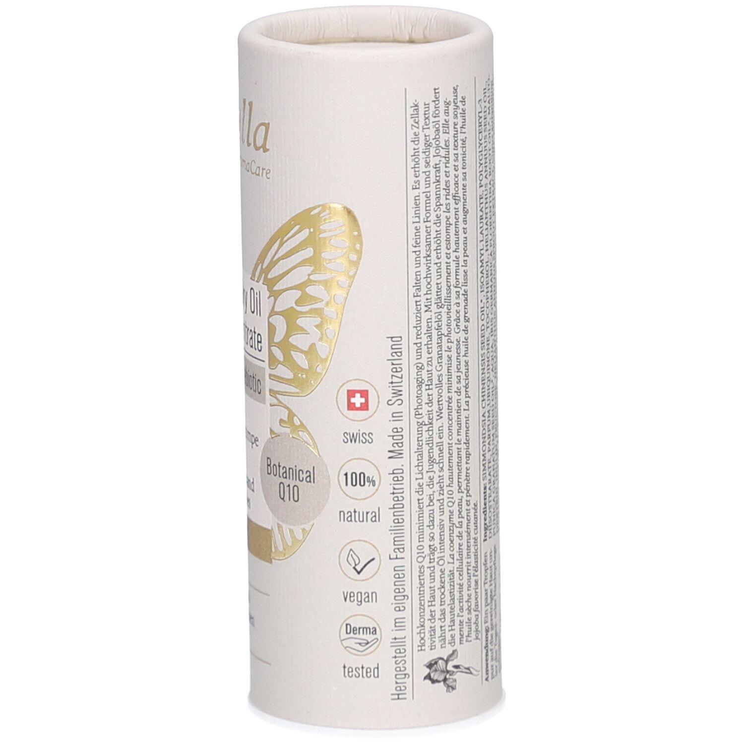 Zylindrische Verpackung, Seitenansicht. Text: Herstellerinformationen, Zertifizierungen. Logo: Farfalla. Hergestellt in der Schweiz.