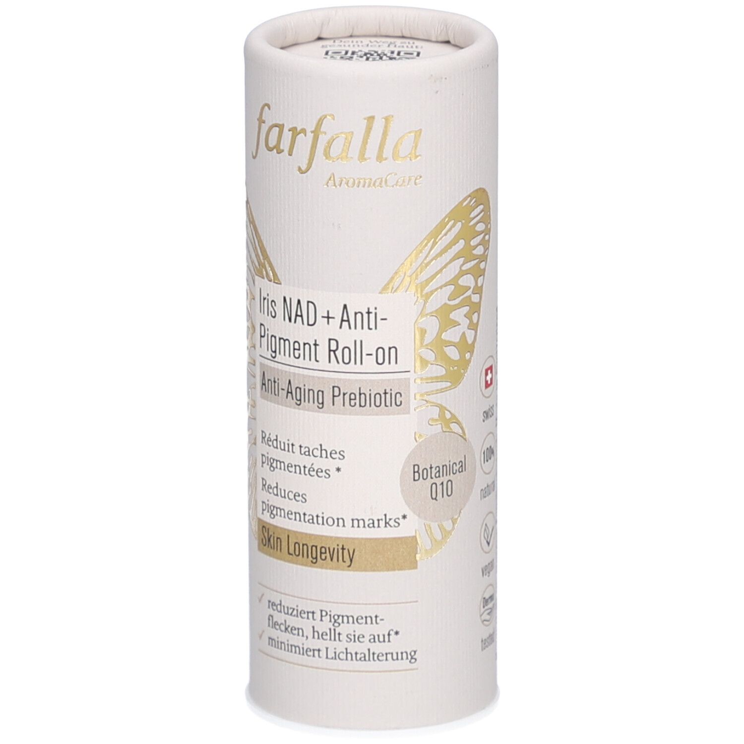 Zylindrische Verpackung mit Produktnamen und Schmetterlingsgrafik. Text: Iris NAD+ Anti-Pigment Roll-on, Anti-Aging Prebiotic, Botanical Q10.