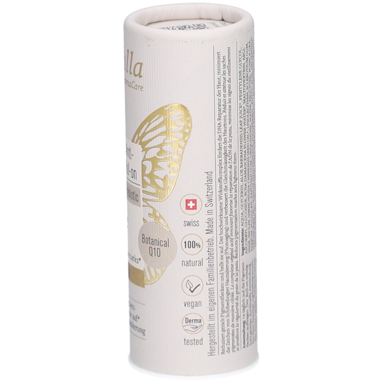 Zylindrische Verpackung, Text: Swiss, 100% natural, vegan, Derma getestet. Herstellerinformationen.