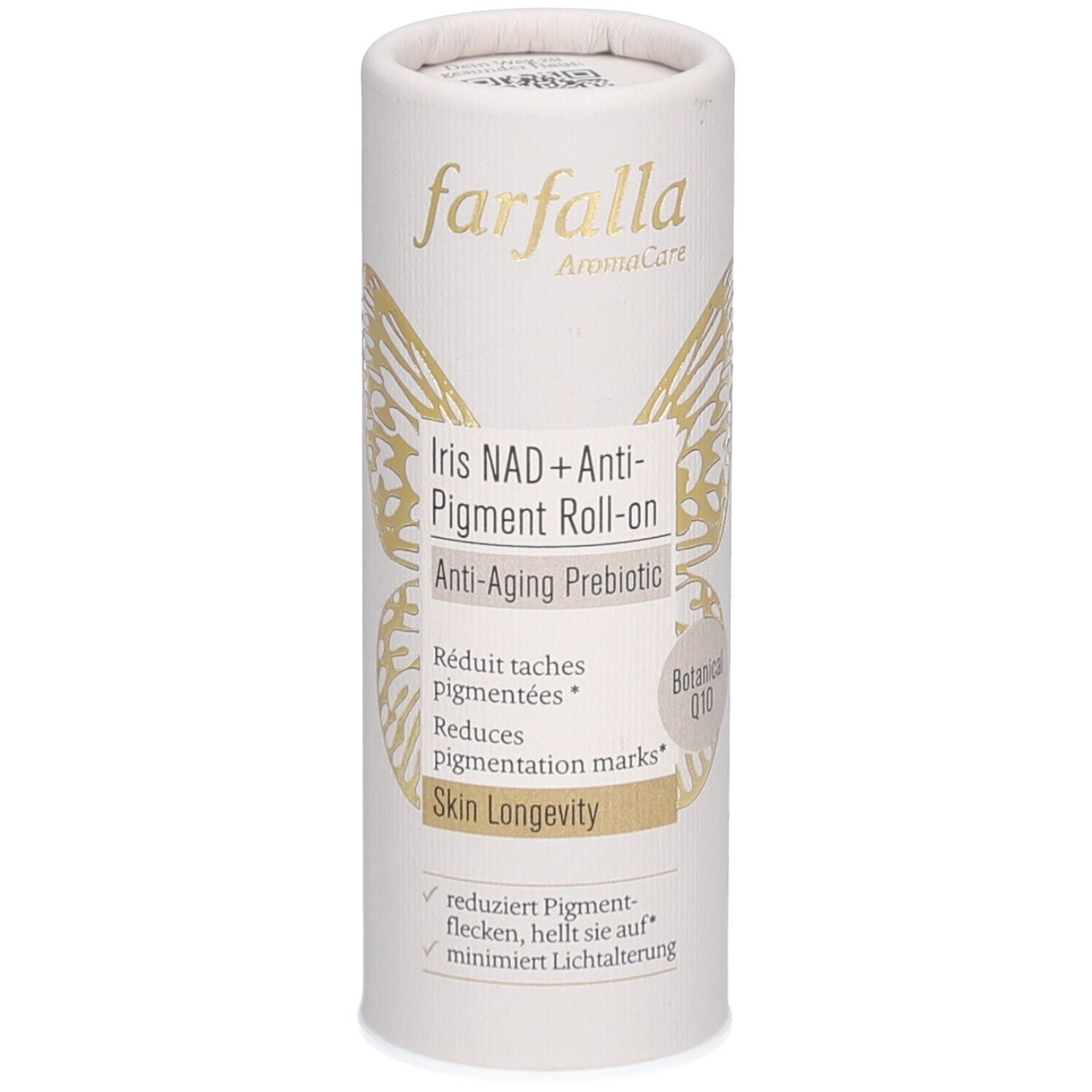Zylindrische Verpackung mit Produktnamen und Schmetterlingsgrafik. Text: Iris NAD+ Anti-Pigment Roll-on, Anti-Aging Prebiotic.