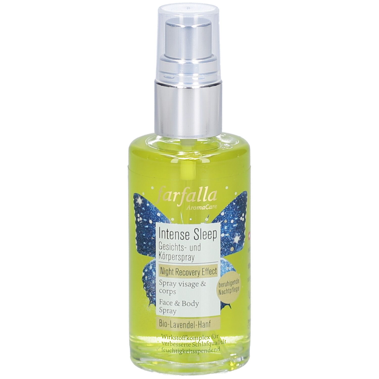 Gesichtsspray-Flasche mit silbernem Sprühkopf. Etikett mit Produktnamen und Schmetterlingsmotiv. Enthält Bio-Lavendel-Hanf.