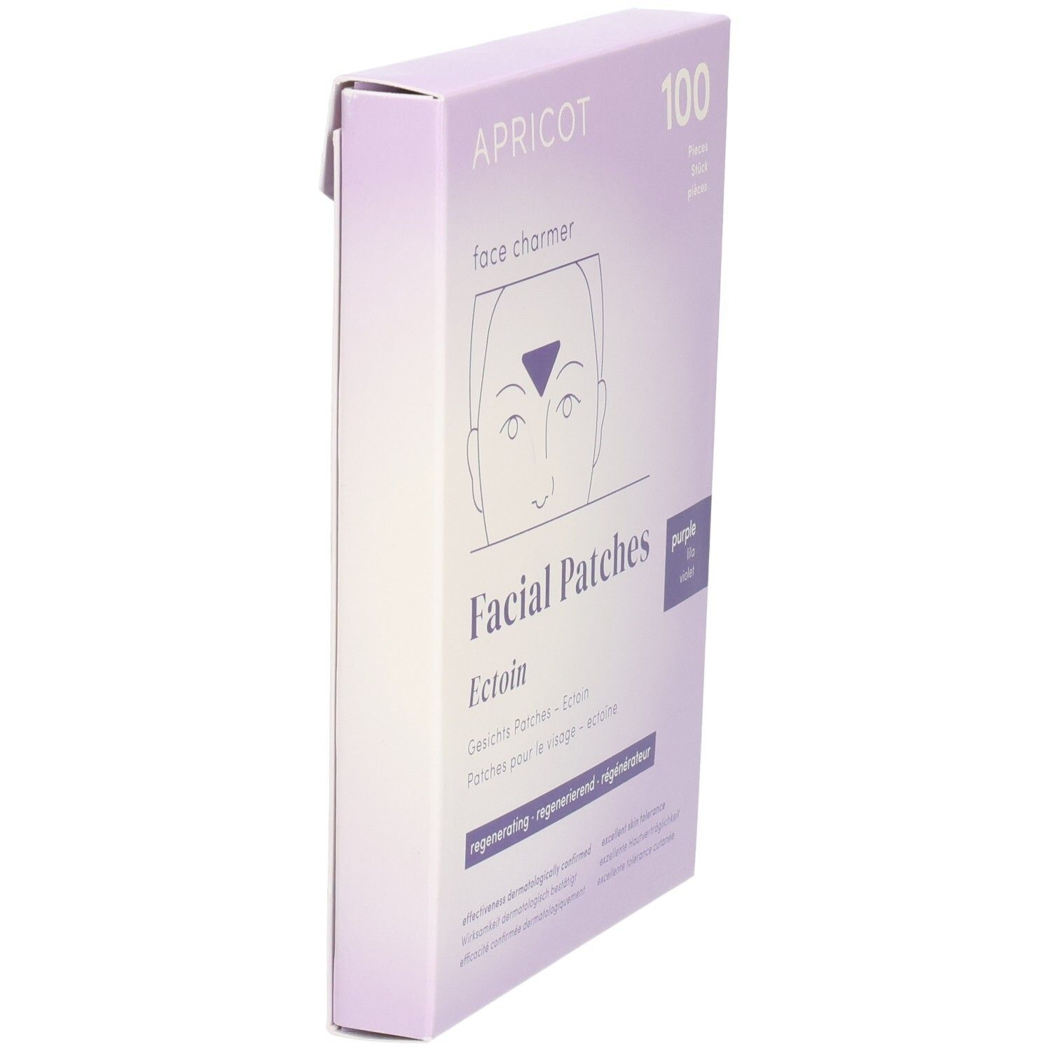 Lila Schachtel mit "APRICOT face charmer" und "Facial Patches Ectoin". 100 Stück.