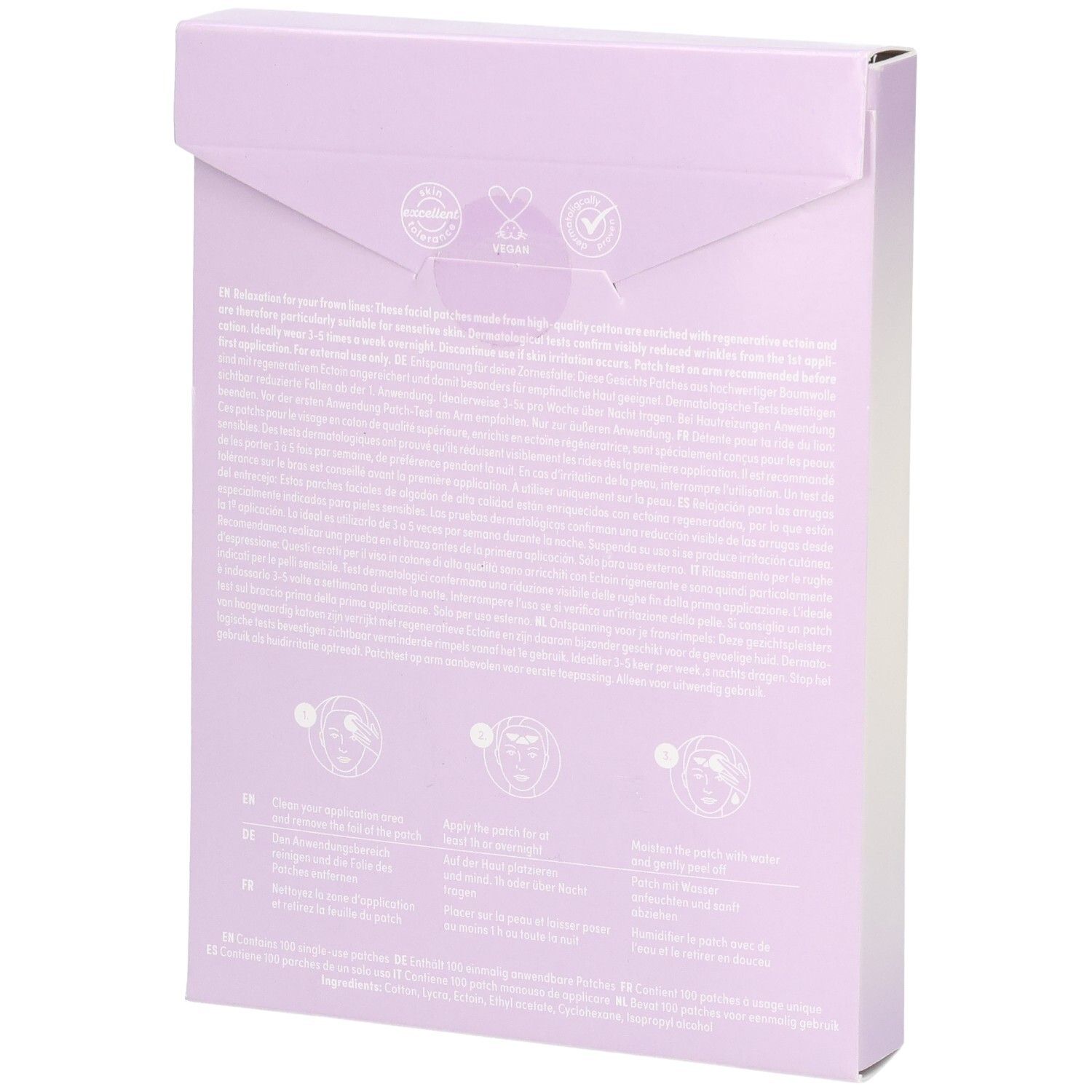 Rückseite einer lila Schachtel mit Text und Logos. Enthält Informationen zum Produkt.