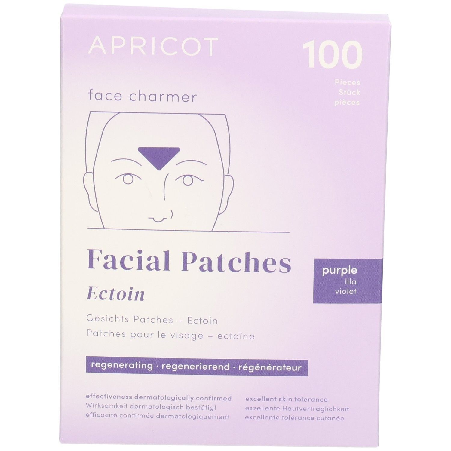 Lila Schachtel mit "APRICOT face charmer" und "Facial Patches Ectoin". 100 Stück.