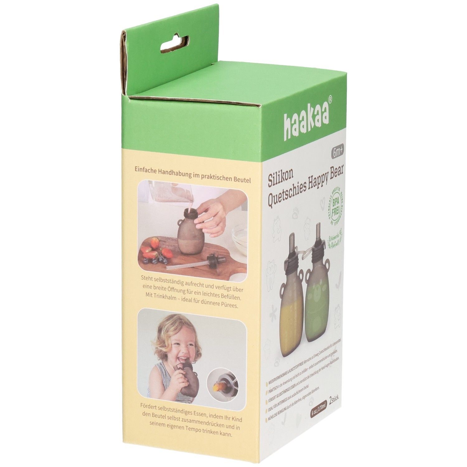 Seitenansicht der Haakaa Quetschies Happy Bear Verpackung mit Anwendungshinweisen.