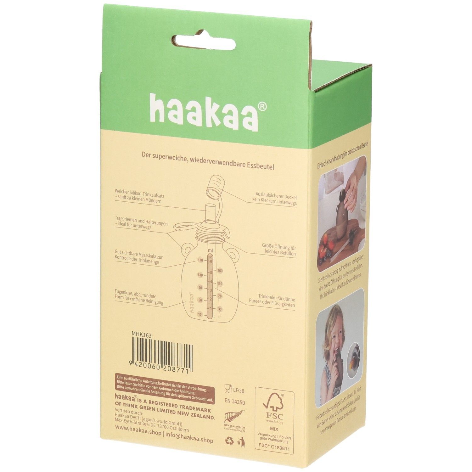 Rückseite der Haakaa Quetschies Happy Bear Verpackung mit detaillierter Produktzeichnung.