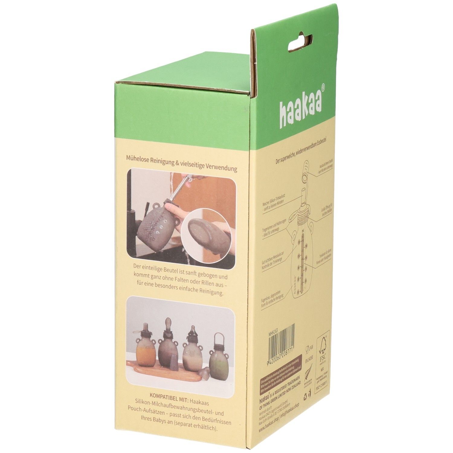 Seitenansicht der Haakaa Quetschies Happy Bear Verpackung mit Reinigungshinweisen.