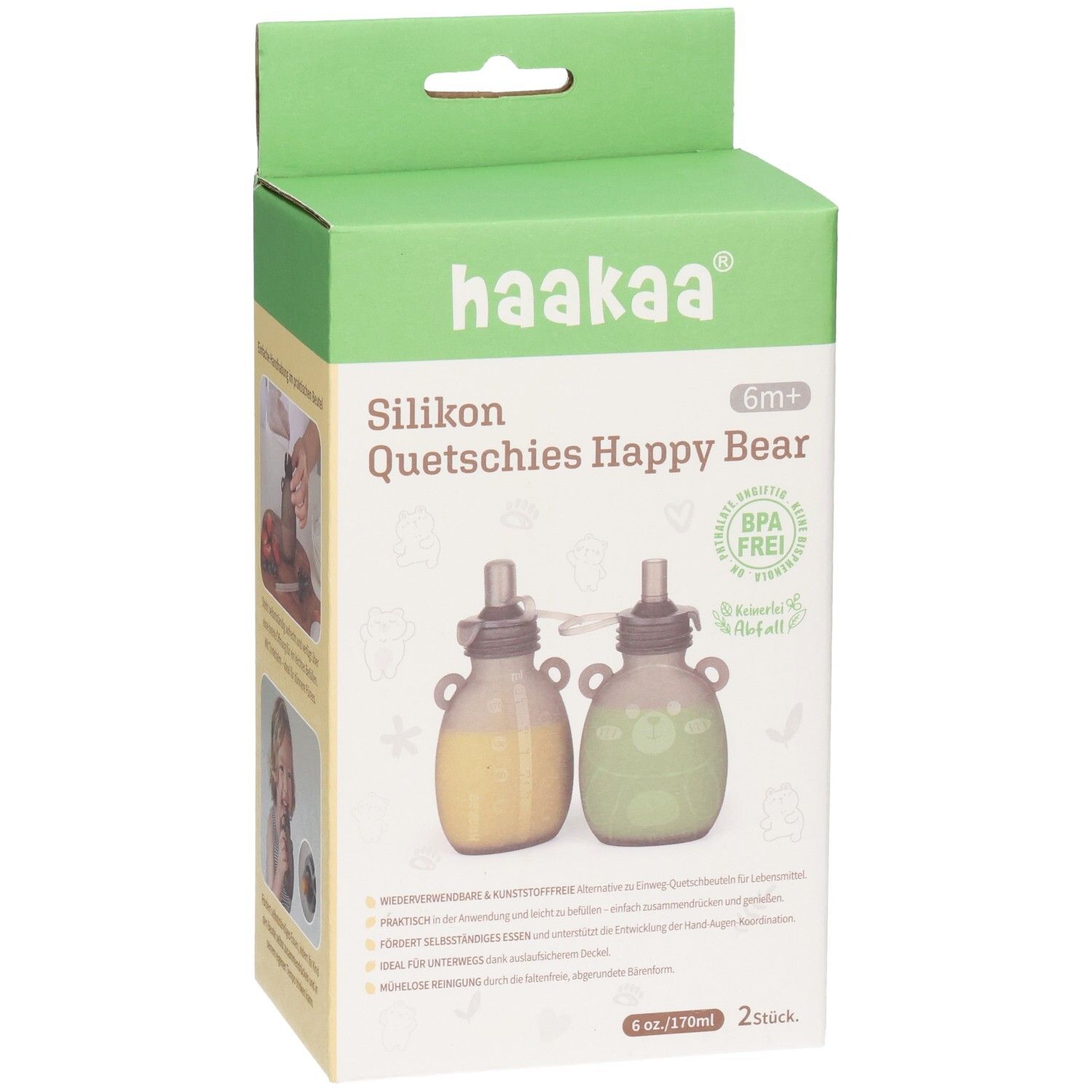 Vorderseite der Haakaa Quetschies Happy Bear Verpackung, BPA-frei, 6M+.