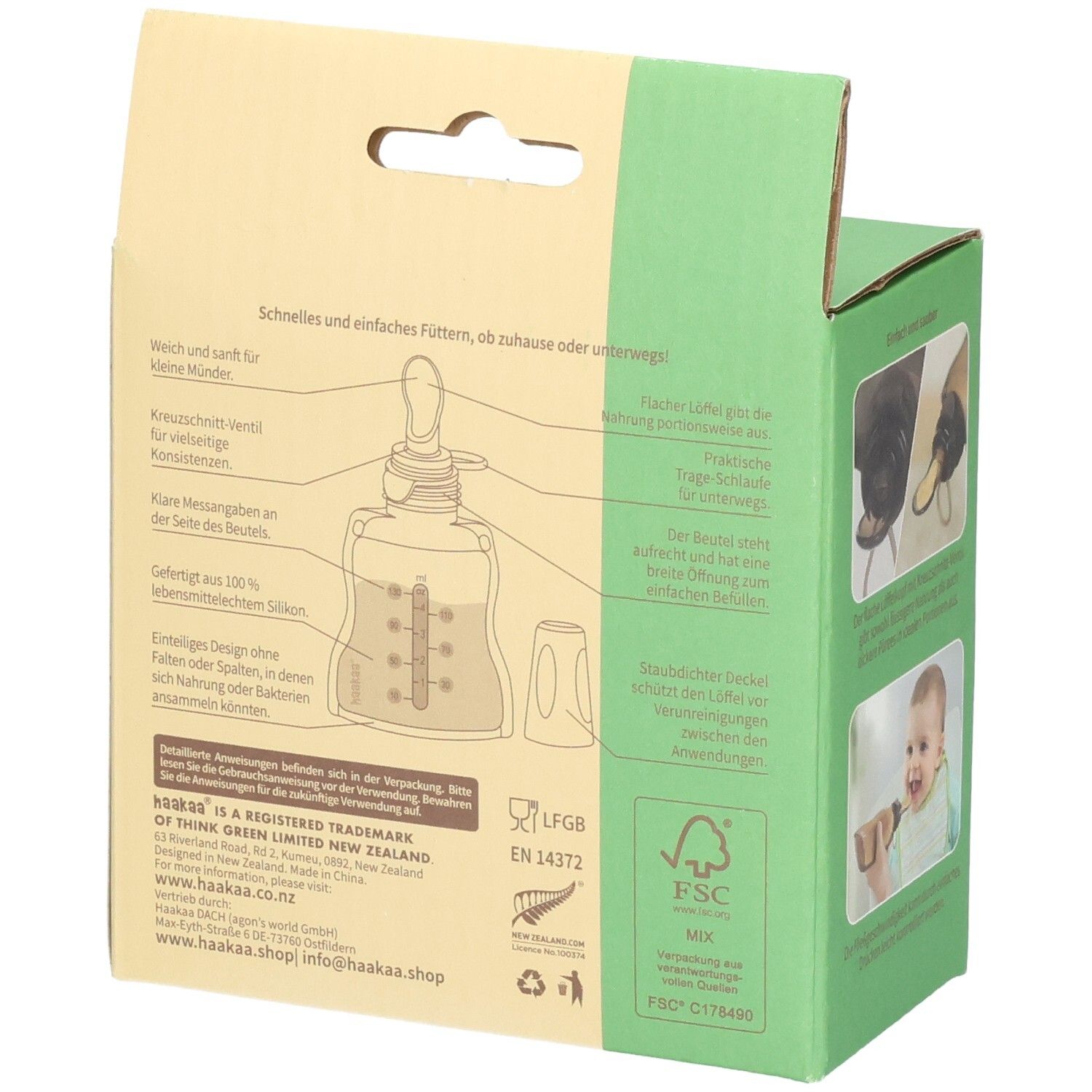 Rückseite der Haakaa Quetschie Verpackung. Enthält detaillierte Produktinformationen, Siegel und Zertifizierungen.