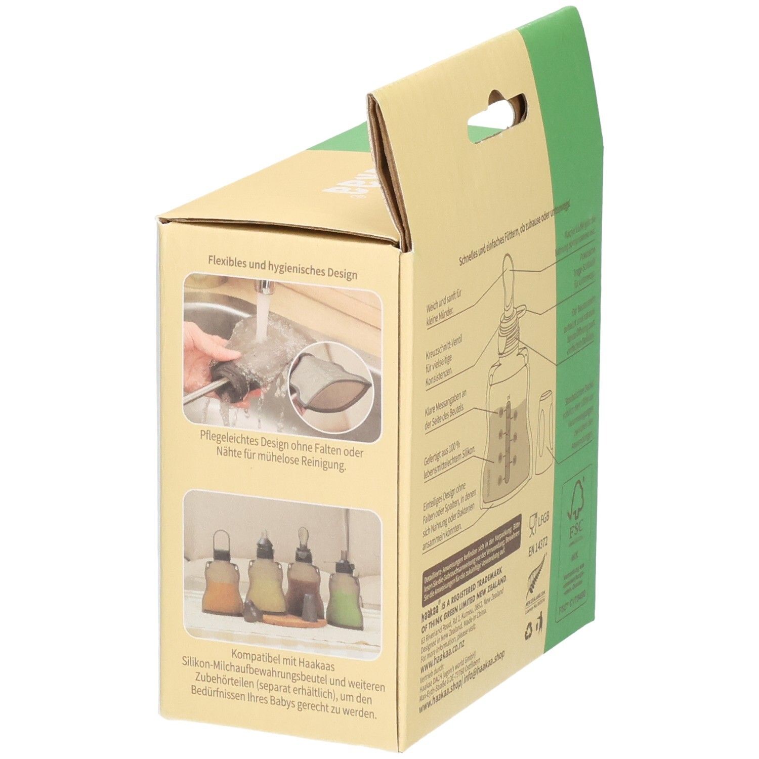 Seite der Haakaa Quetschie Verpackung. Zeigt Reinigungsanleitung und verschiedene Farbvarianten des Produkts.