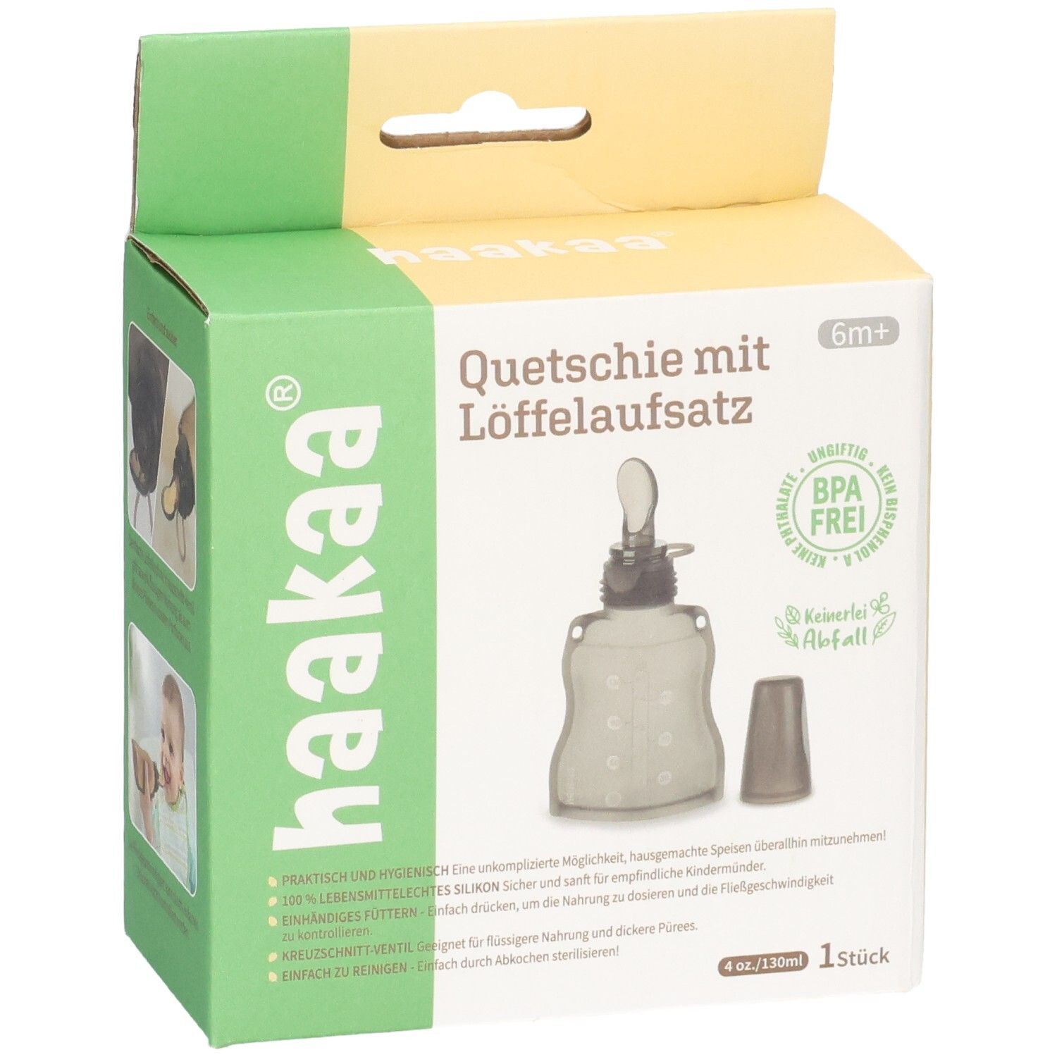 Vorderseite der Haakaa Quetschie Verpackung. Zeigt den Quetschie mit Löffelaufsatz und wichtige Produktmerkmale.
