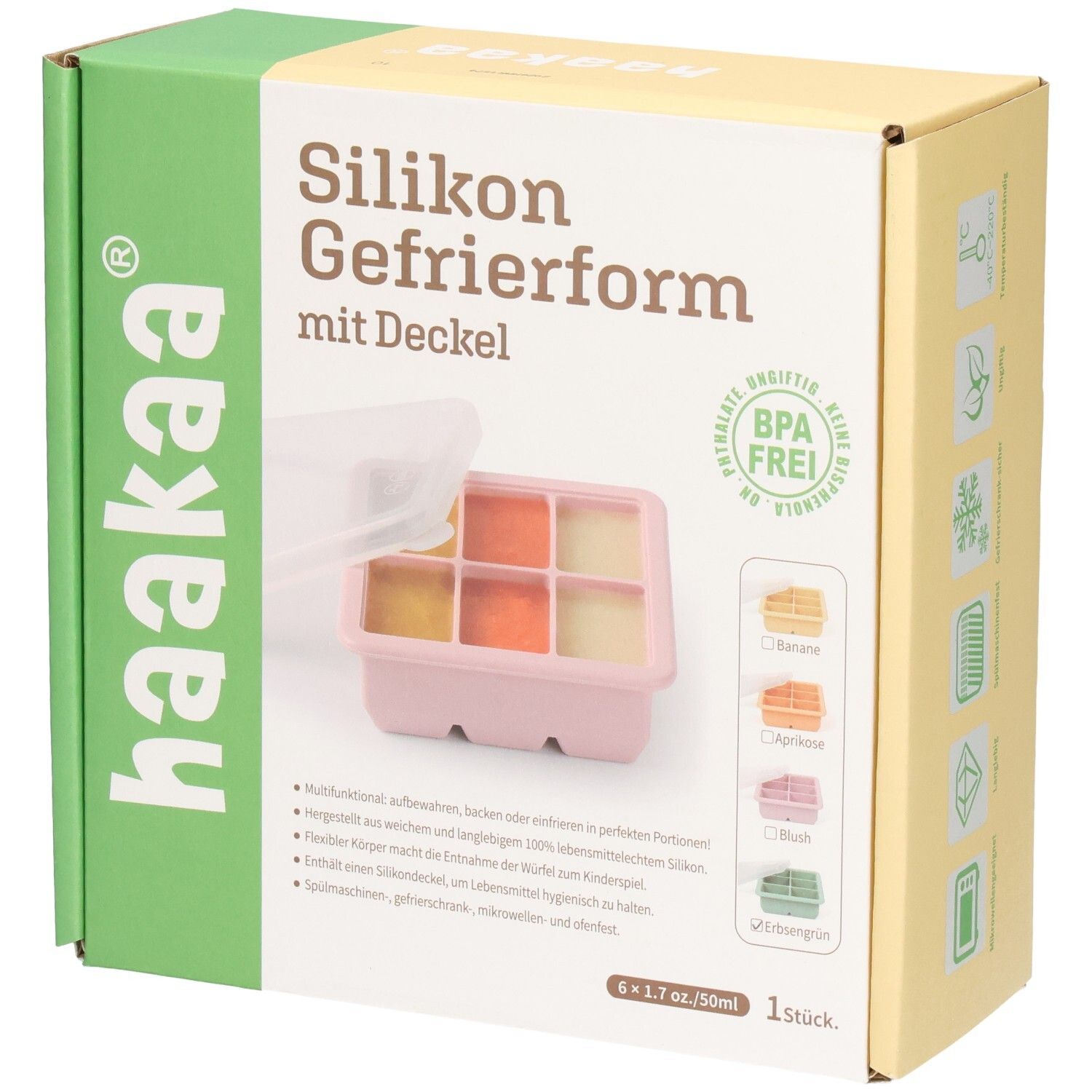 Haakaa Silikon Gefrierform mit Deckel, 6 Fächer, BPA-frei, rosa.